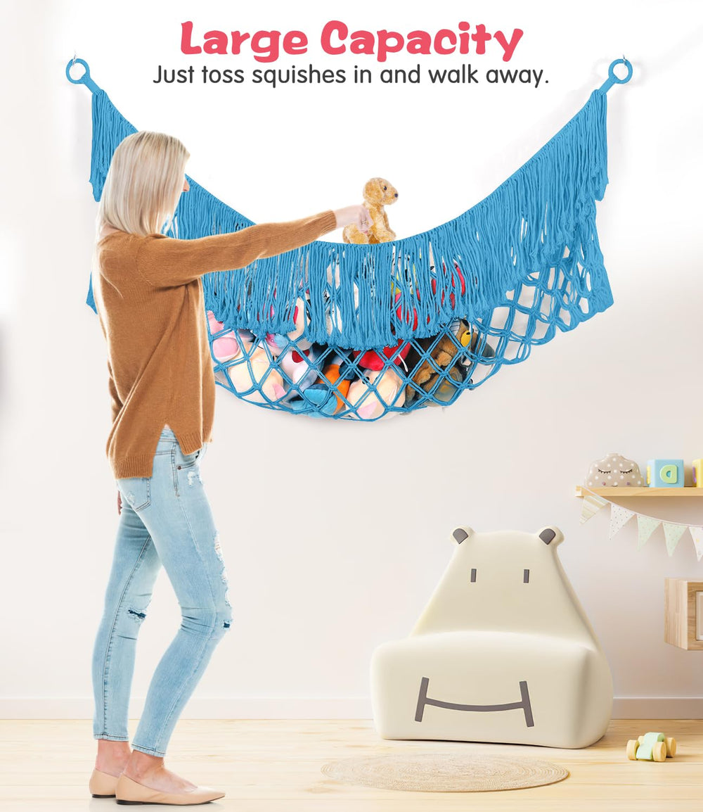 PrimZooty hammock-wall-pocket with tassels enables quick plush storage.