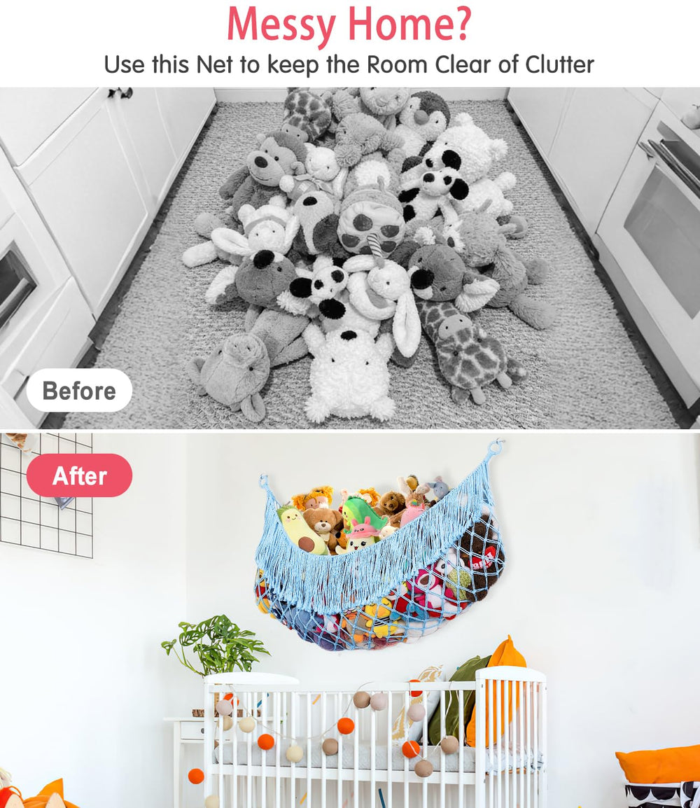 PrimZooty hanging storage for plush toys saves playroom space
