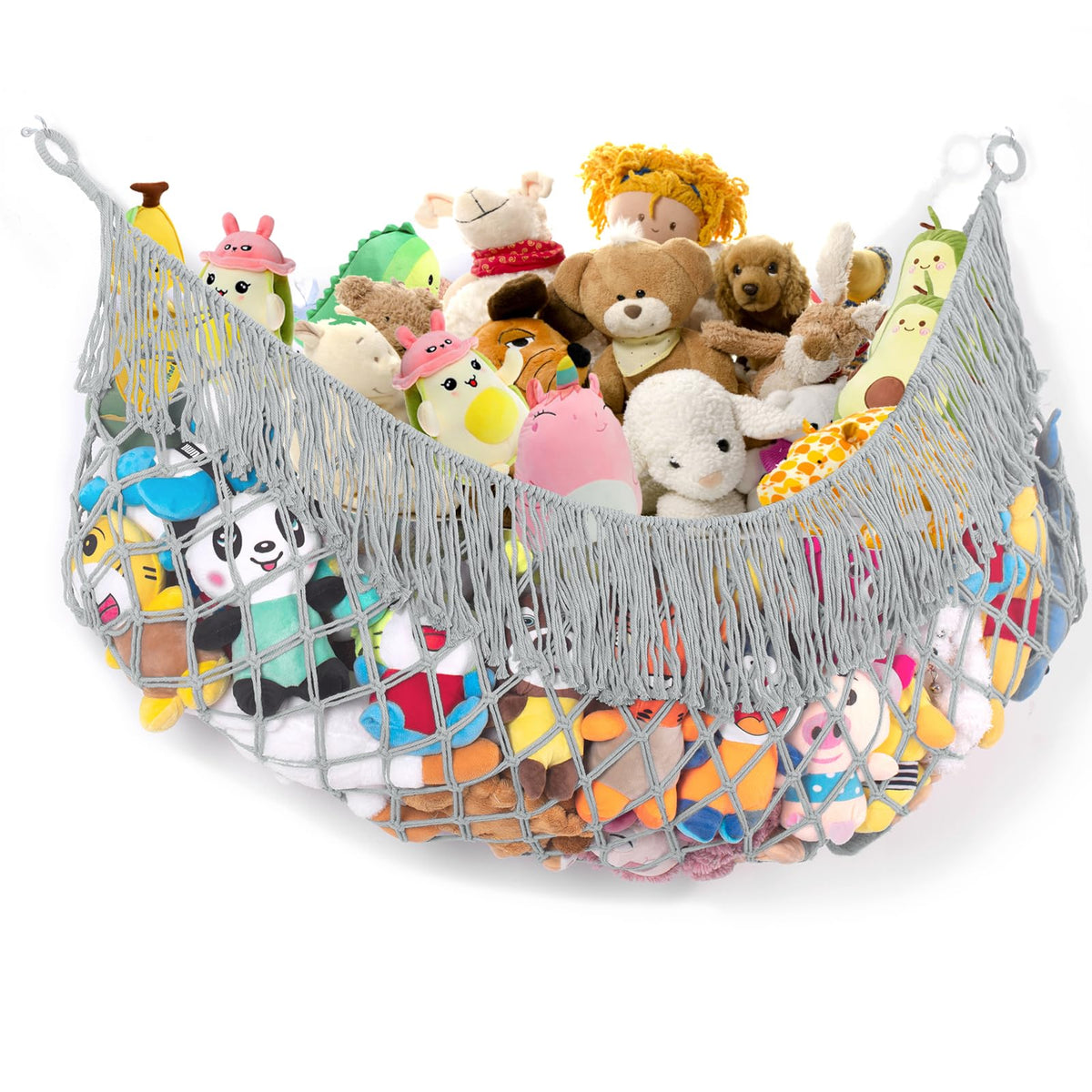PrimZooty stuffed animal hammock on wall pocket keeps toys within easy reach