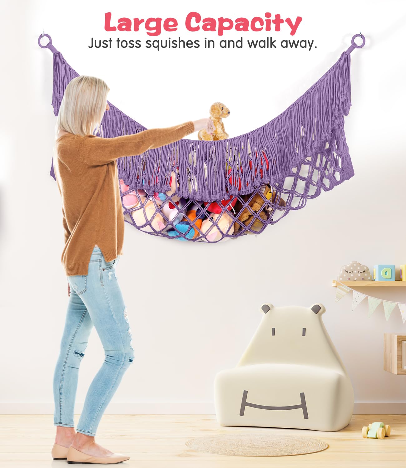 PrimZooty wall-mounted toy hammock with included hardware.