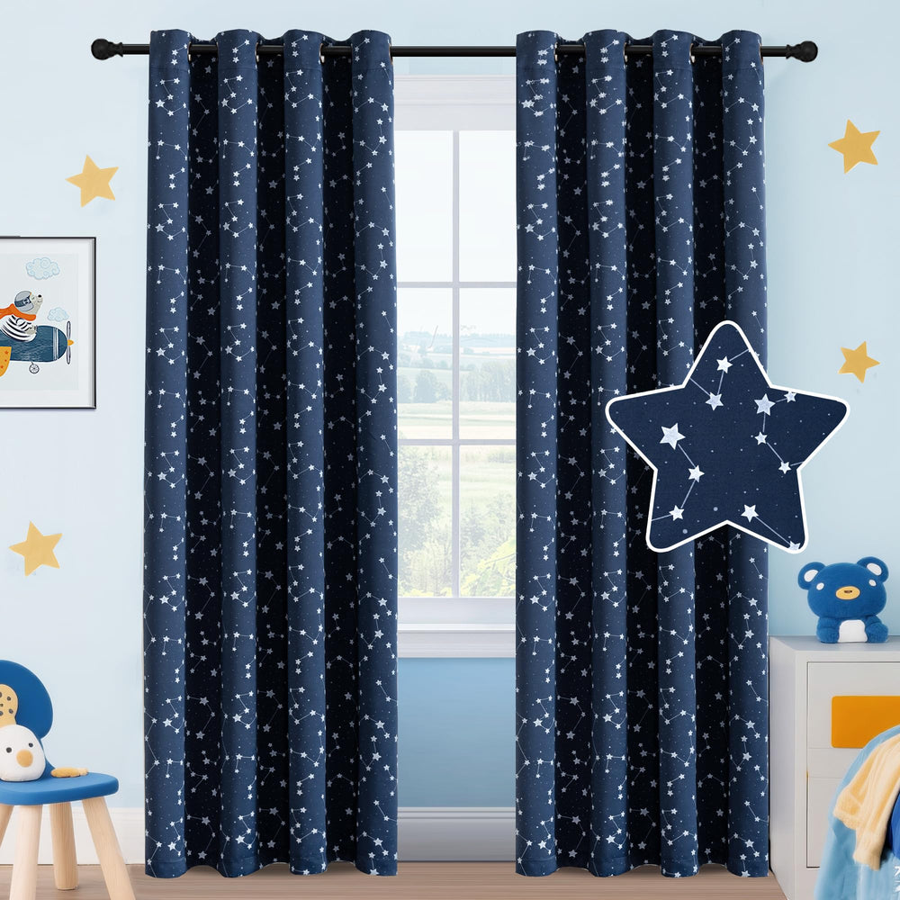 PrinceDeco Starry Night blackout curtains navy panel one blocks light for better sleep.