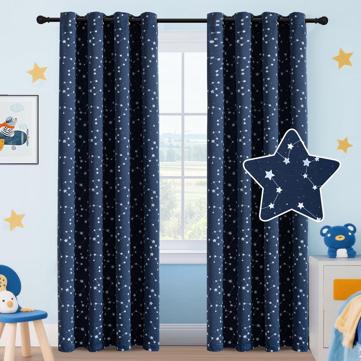 PrinceDeco Starry Night blackout curtains navy panel one blocks light for better sleep.