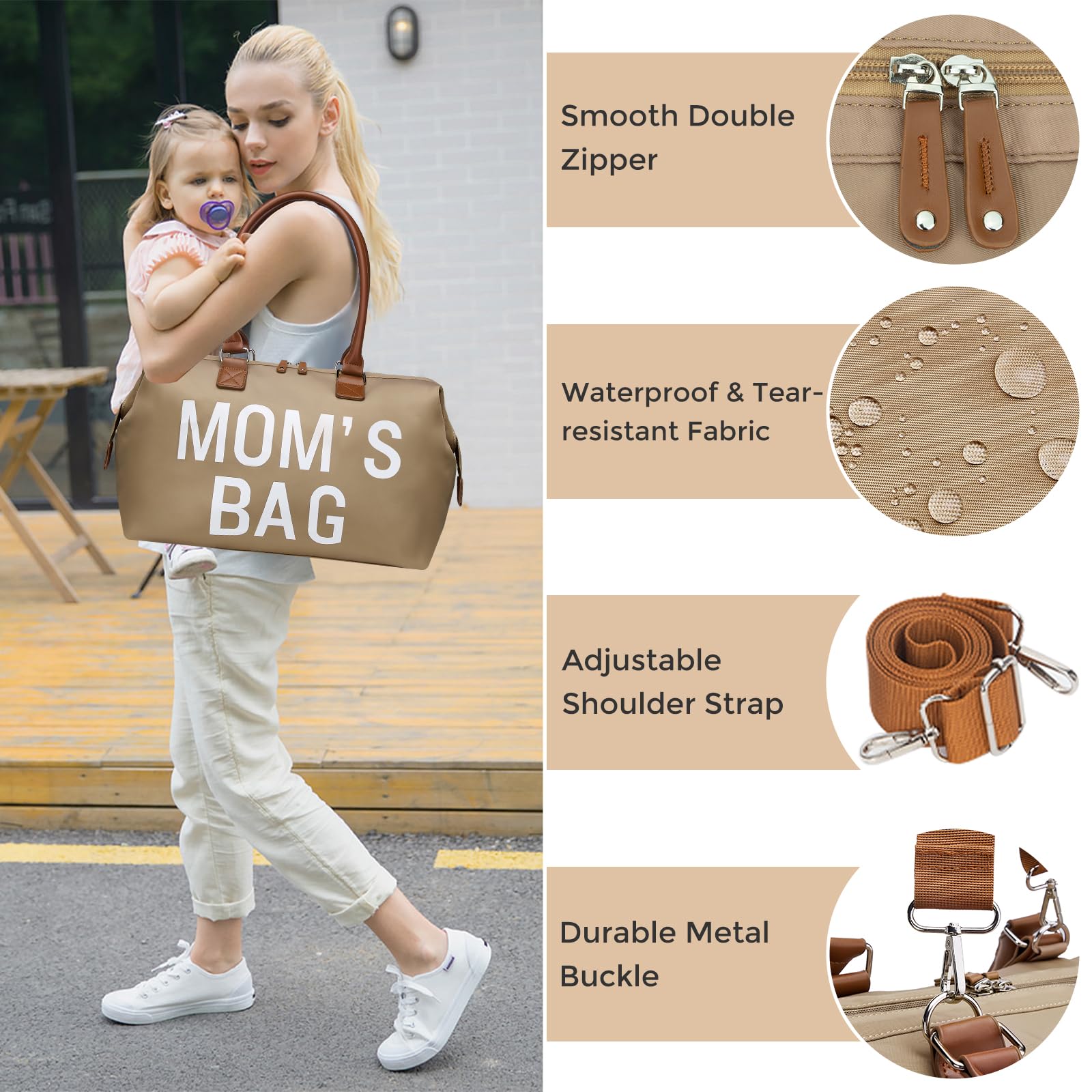 Printe Mom's Bag with luggage sleeve convenient for travel.