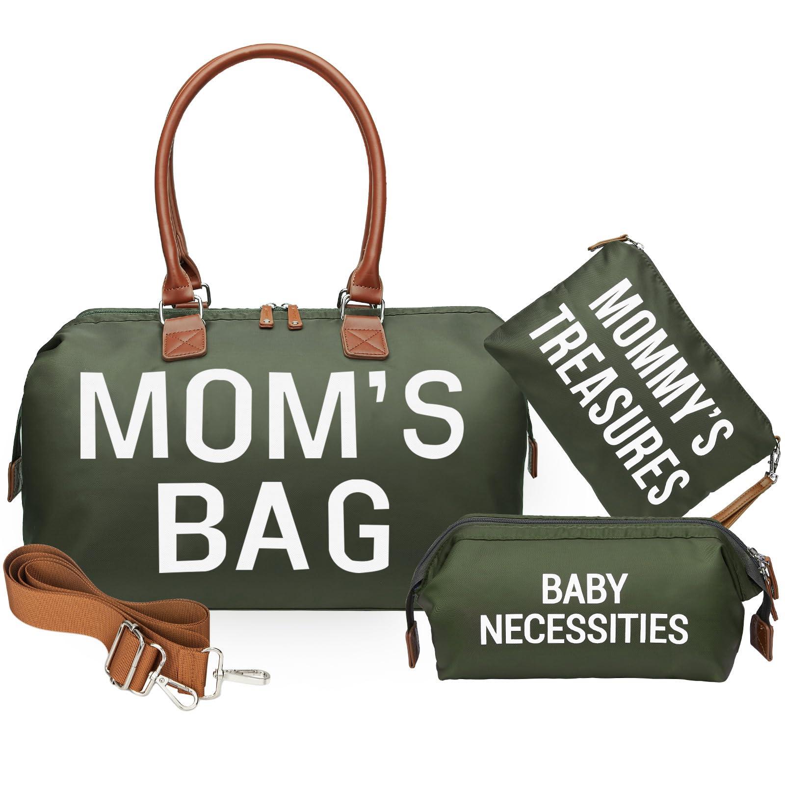 printe Mom's Bag olive green front view with ample space for mom and baby essentials