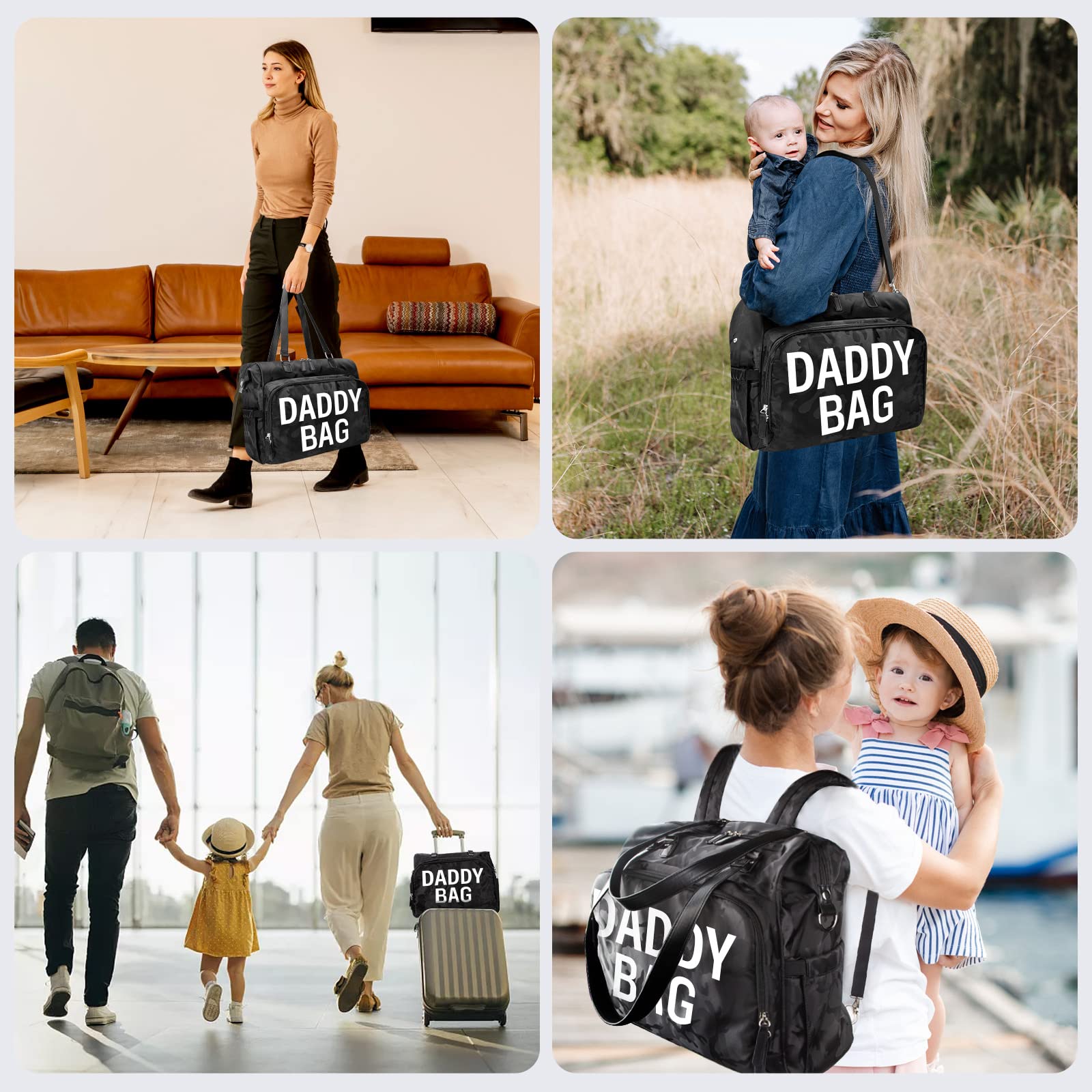 Pripher diaper backpack back pocket with hidden strap for easier stroller use.