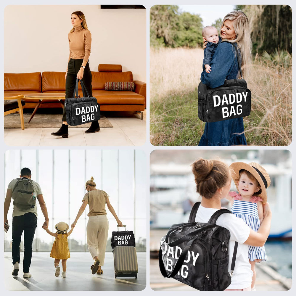Pripher diaper backpack back pocket with hidden strap for easier stroller use.