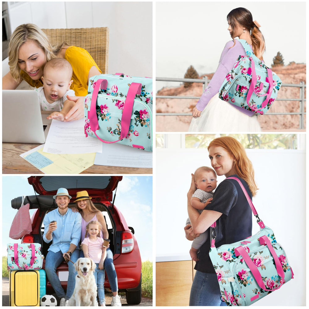 Travel-ready scene with parent and baby showing four wearing options.