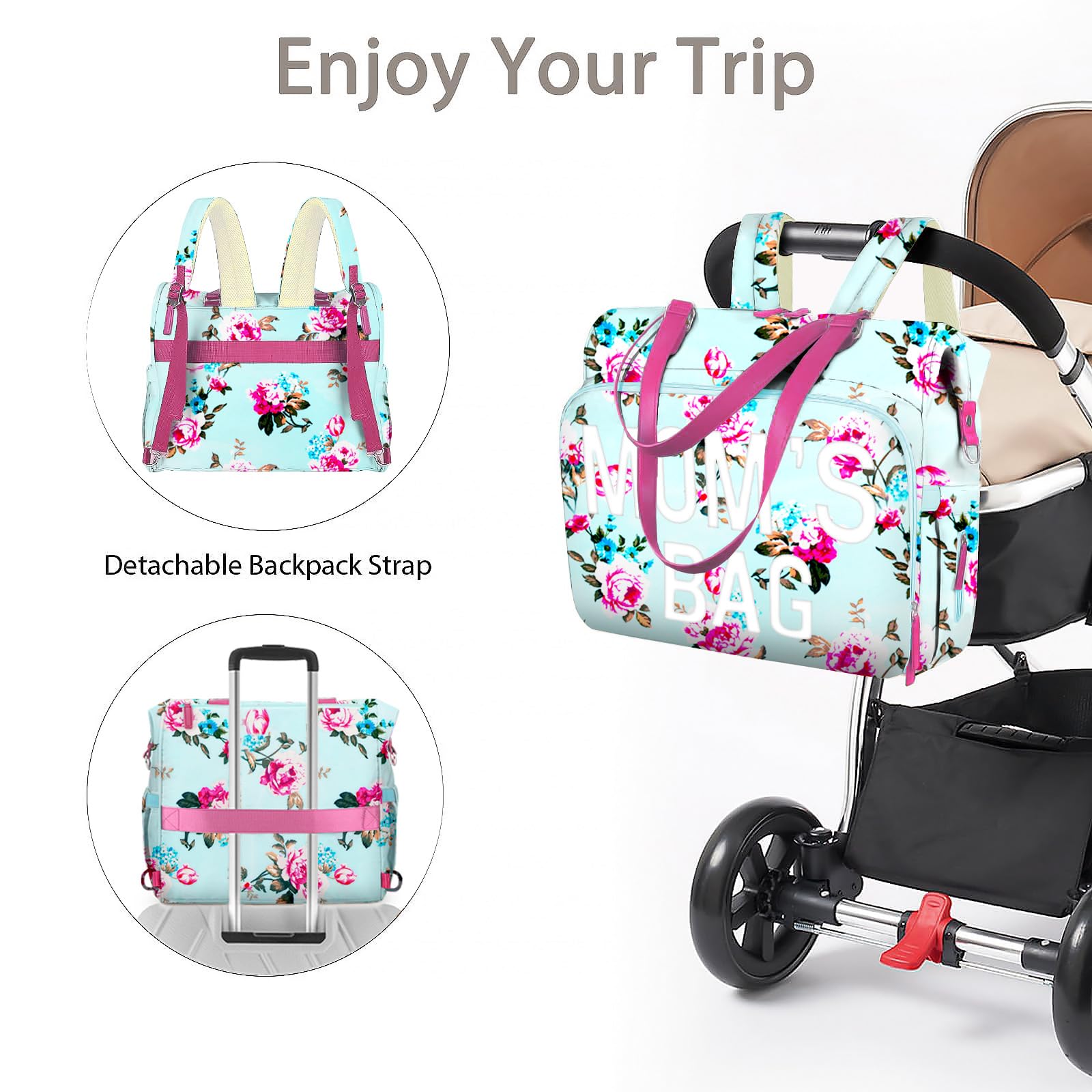 Pripher diaper bag tote blue floral durable zippers for reliable daily use