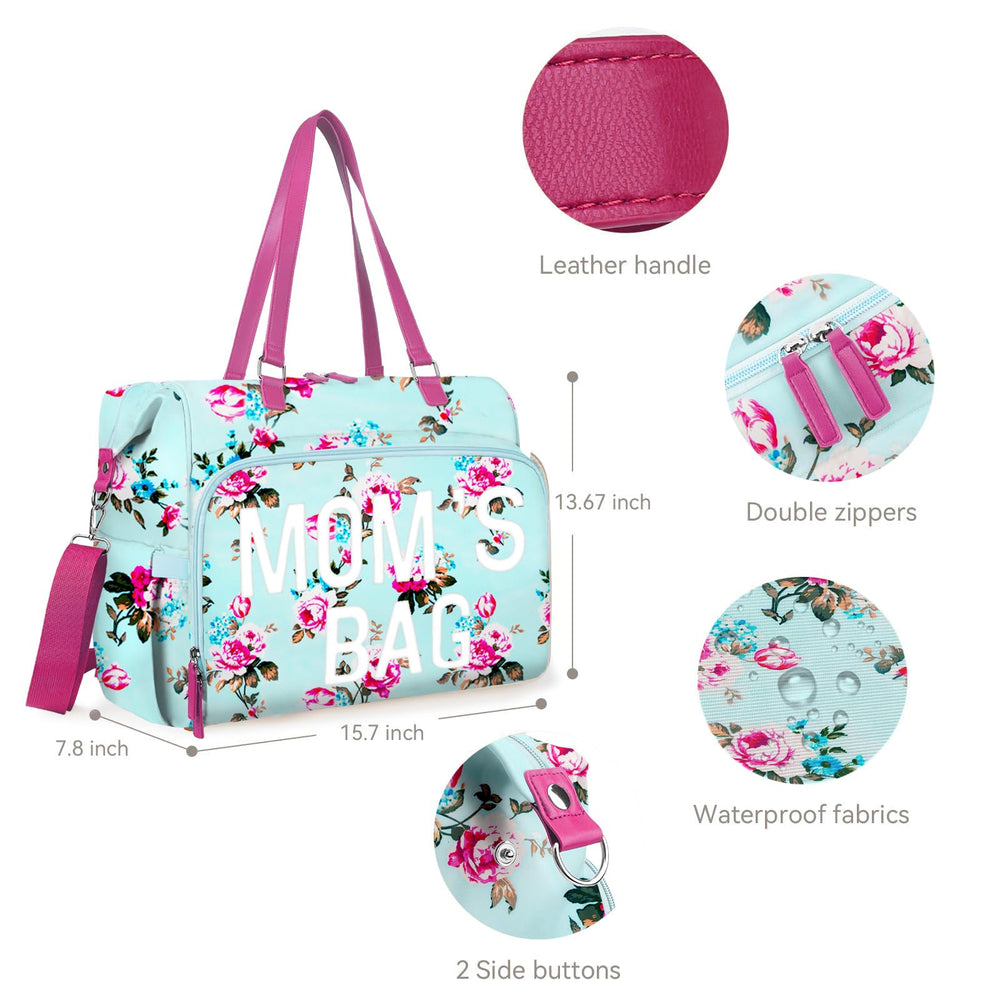 Pripher diaper bag tote blue floral inside organization emphasizes 14 pockets for multi child trips