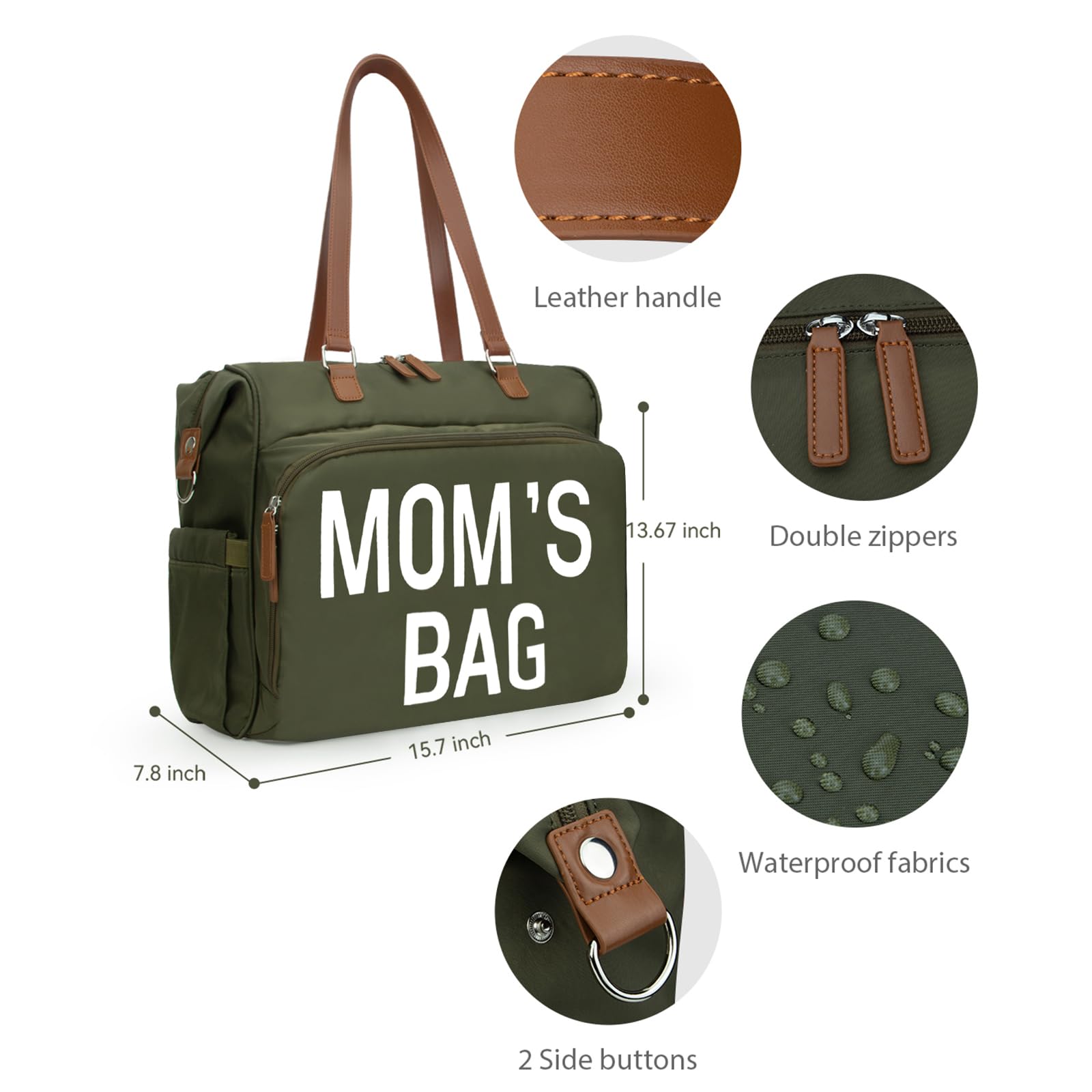 Pripher diaper bag tote olive green waterproof material protects belongings during rain
