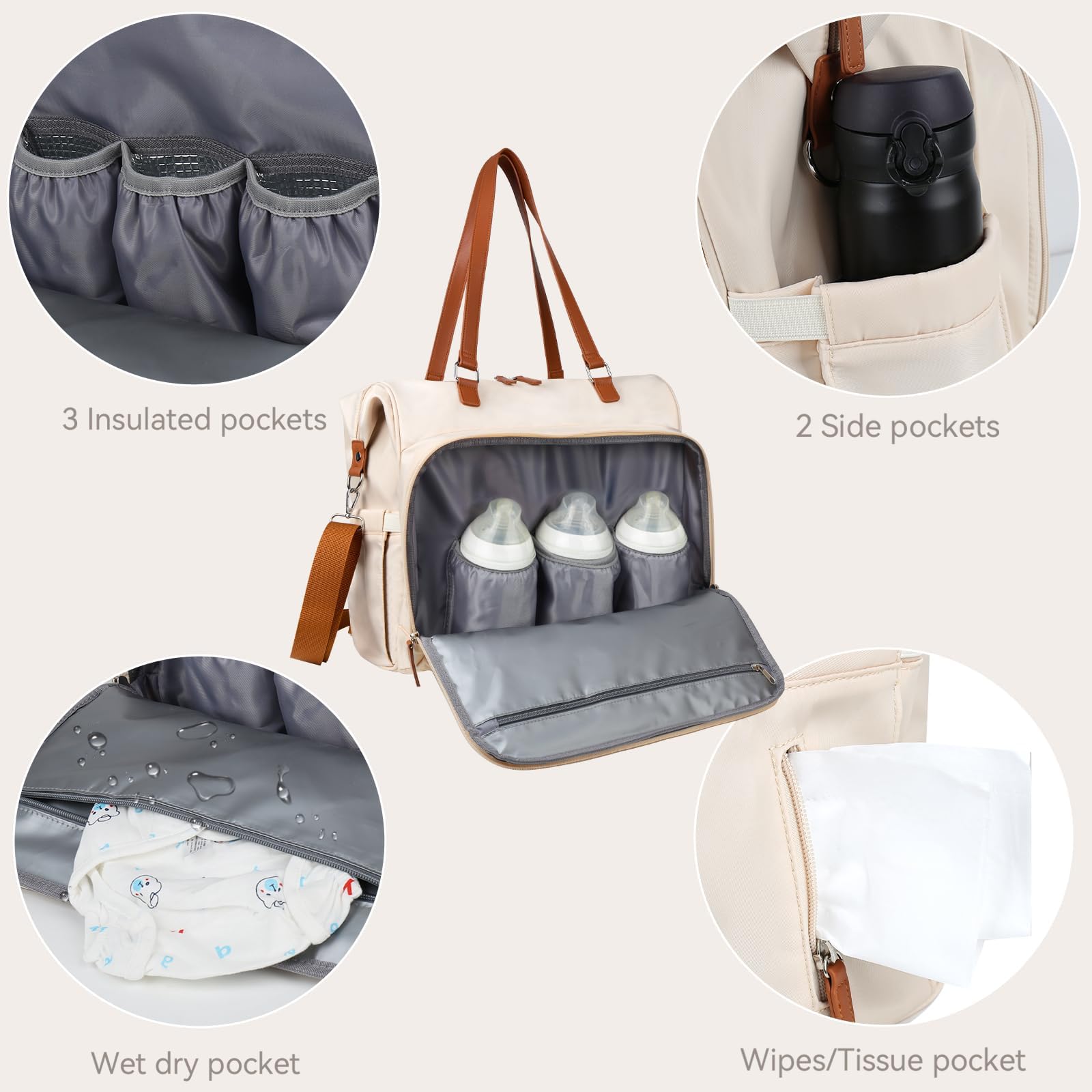 Beige Pripher diaper bag with waterproof material for spills protection