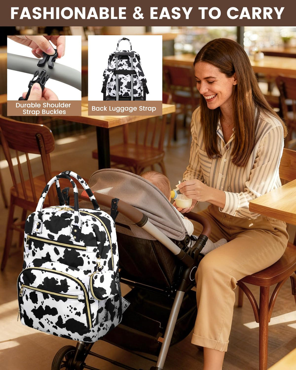 Pritent cow print design adds playful style to practical parenting gear.