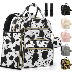 Pritent diaper bag backpack front view with cow print, roomy for essentials