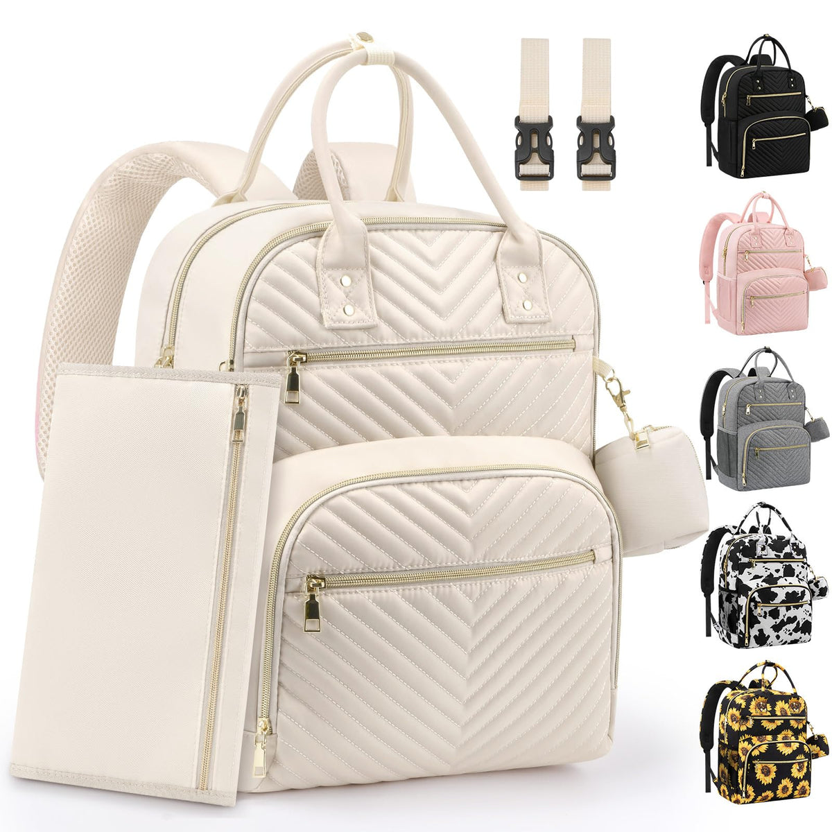 Pritent diaper bag backpack front view showing a spacious main compartment.