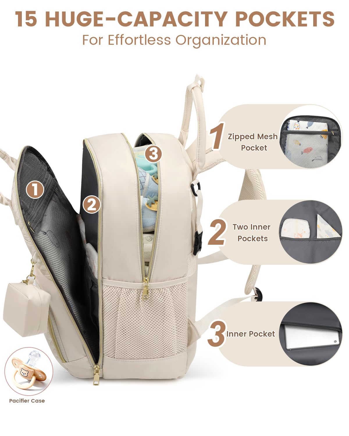 Pritent diaper bag backpack showing handles and adjustable shoulder straps.