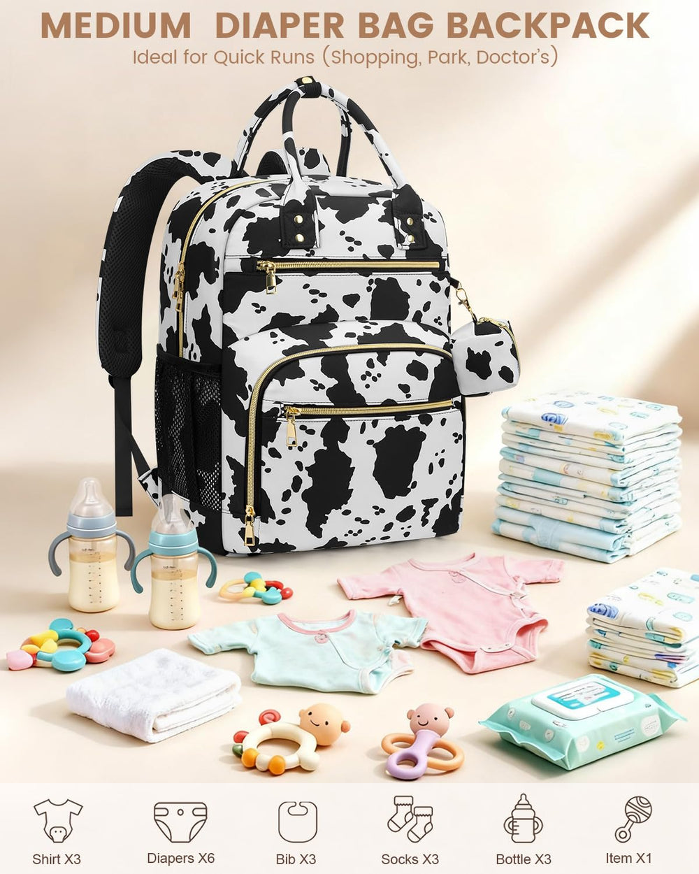 Pritent diaper bag backpack with multiple pockets keeps bottles, wipes, and diapers sorted.