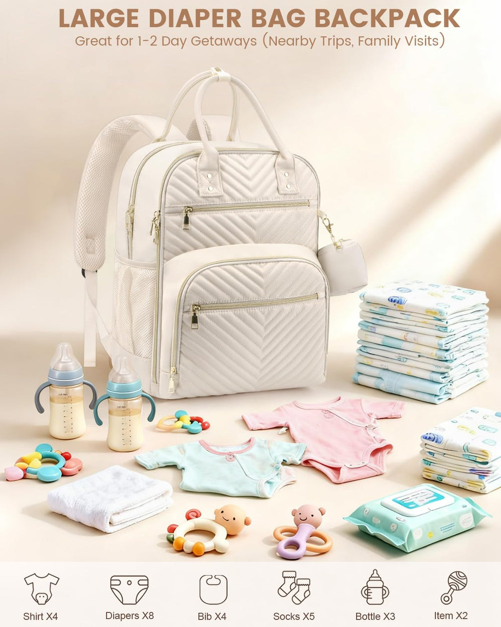 Pritent diaper bag backpack side bottle pocket for easy feeding on the go.