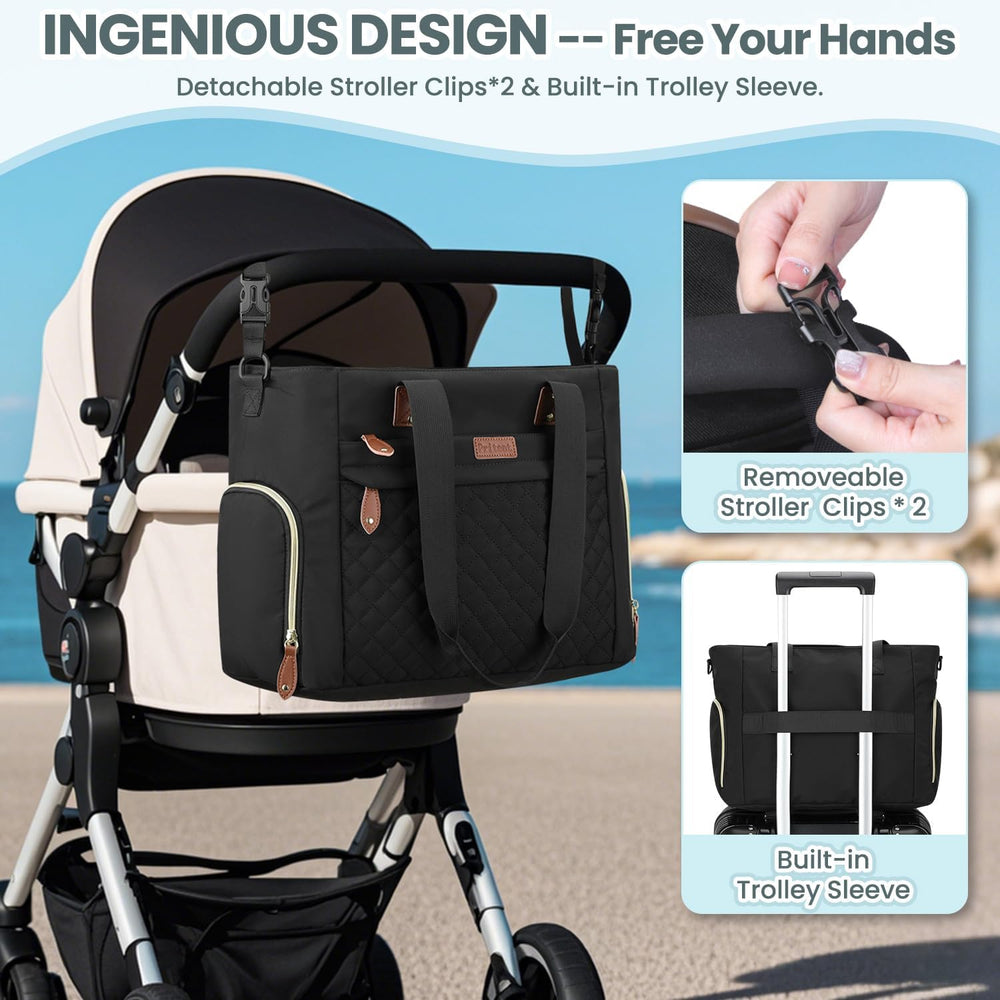 Pritent diaper bag tote in black style for versatile use.