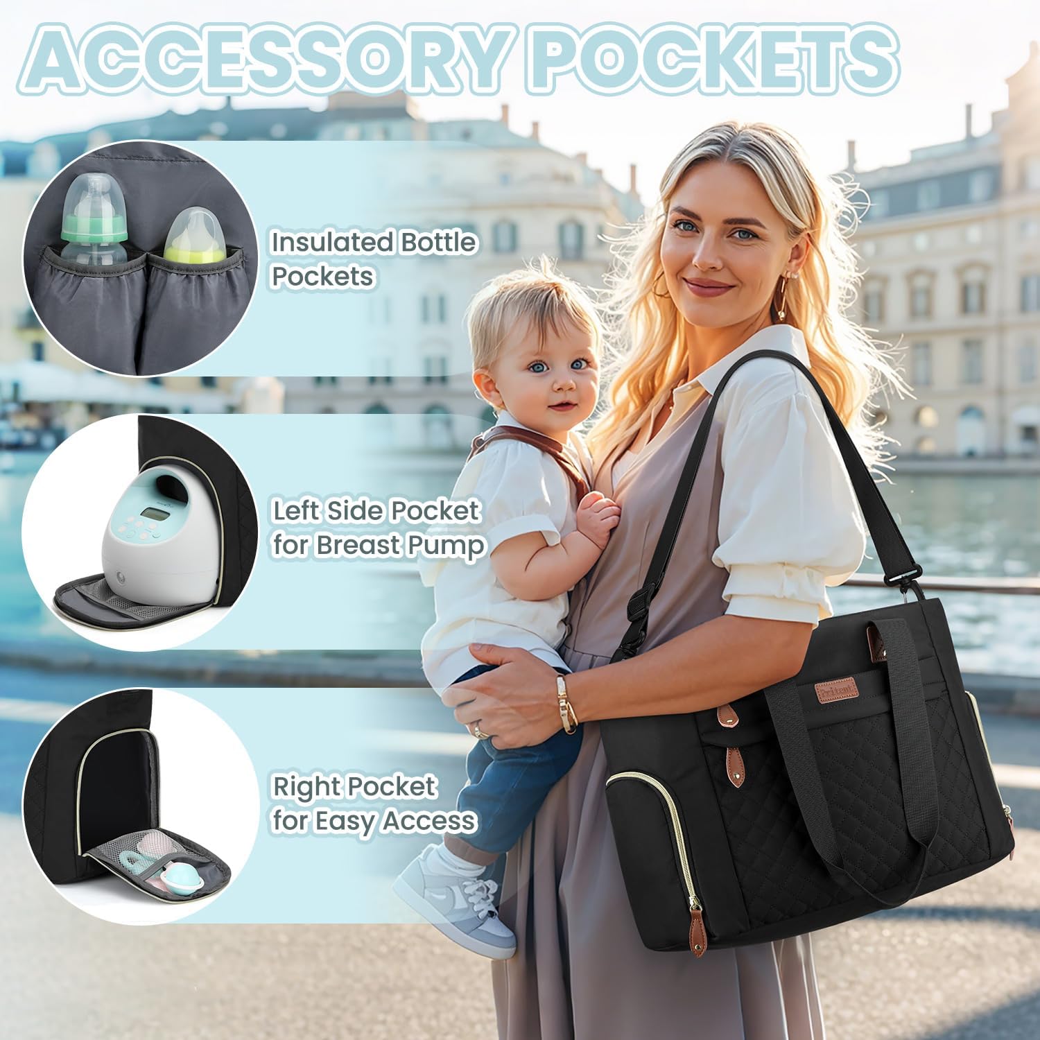 Pritent diaper bag tote uses durable fabric for daily outings.