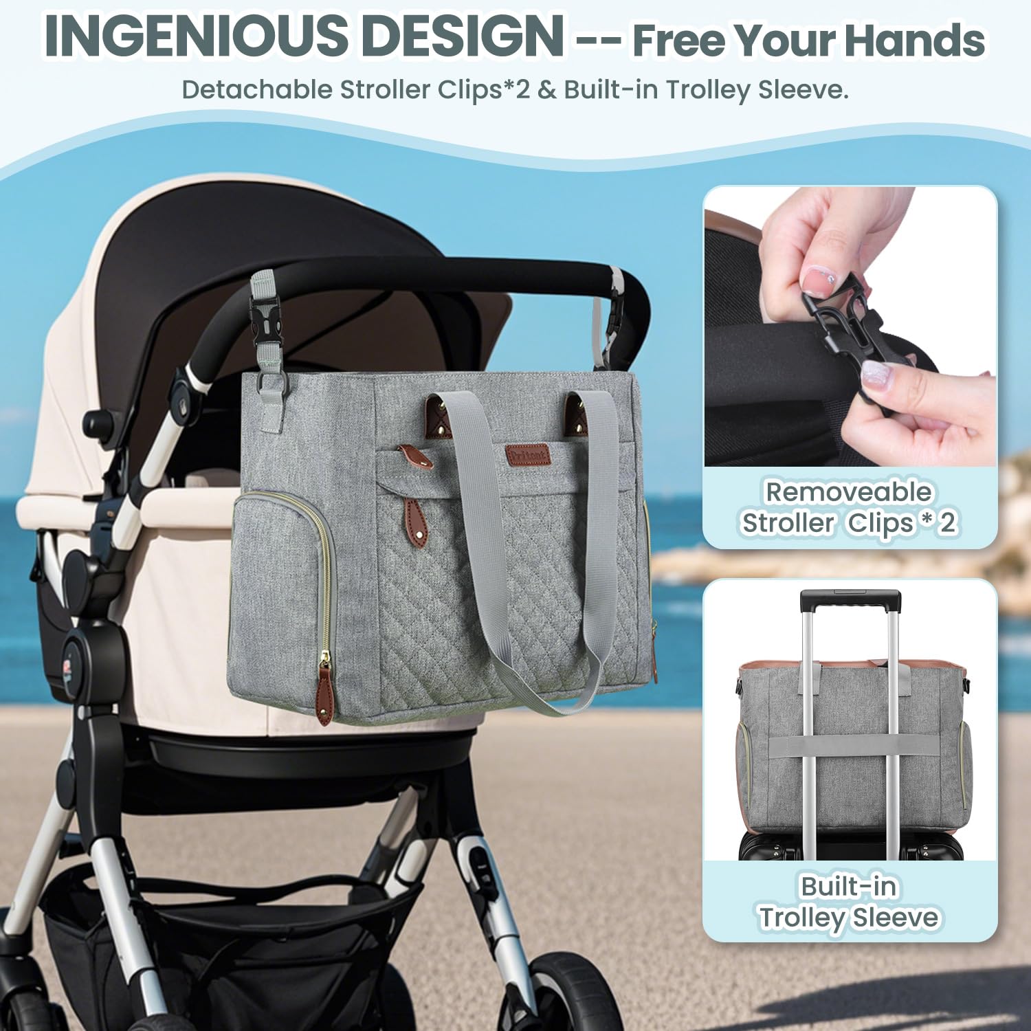Pritent diaper bag tote easy-clean fabric simplifies care after spills.