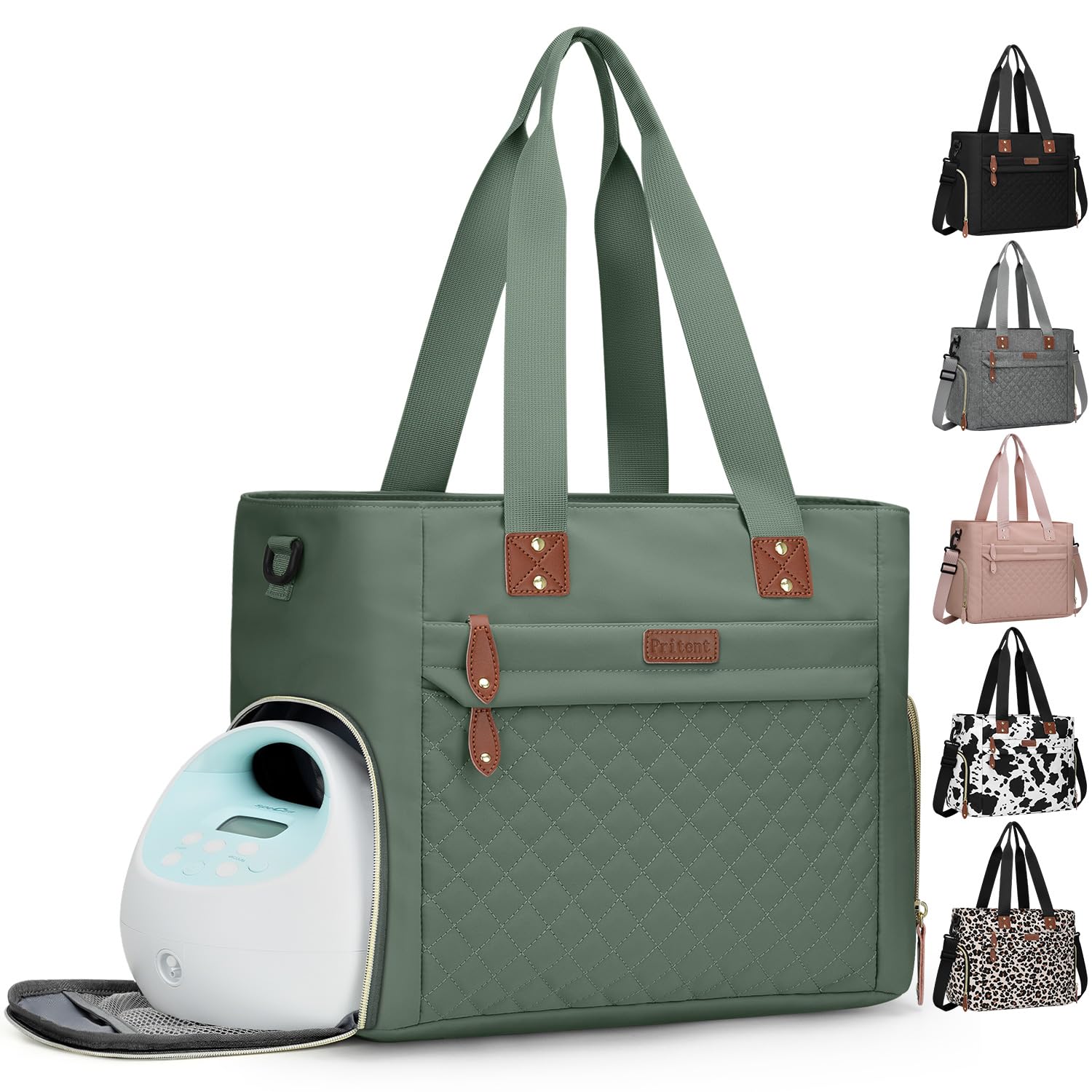 Pritent diaper bag tote front view in green showing organized compartments for quick access