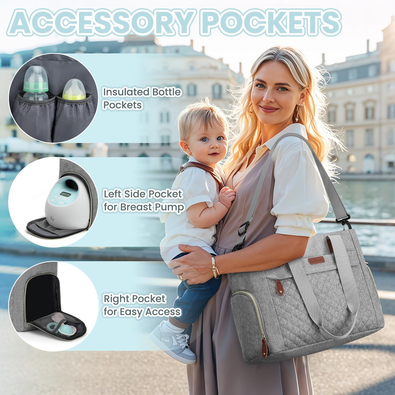 Pritent diaper bag tote grey fabric design suits busy parents.