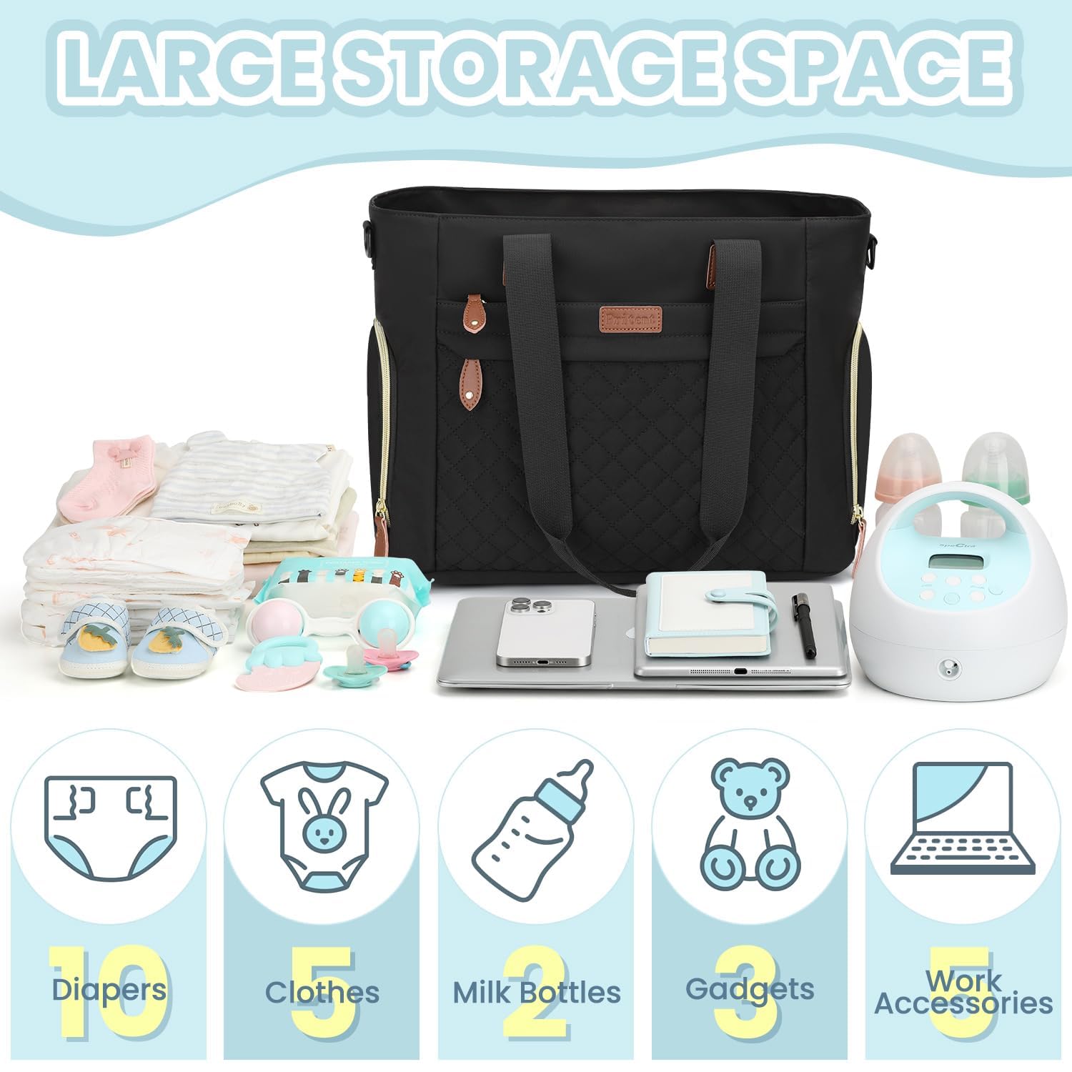 Pritent diaper bag tote insulated bottle compartment keeps drinks at temp.