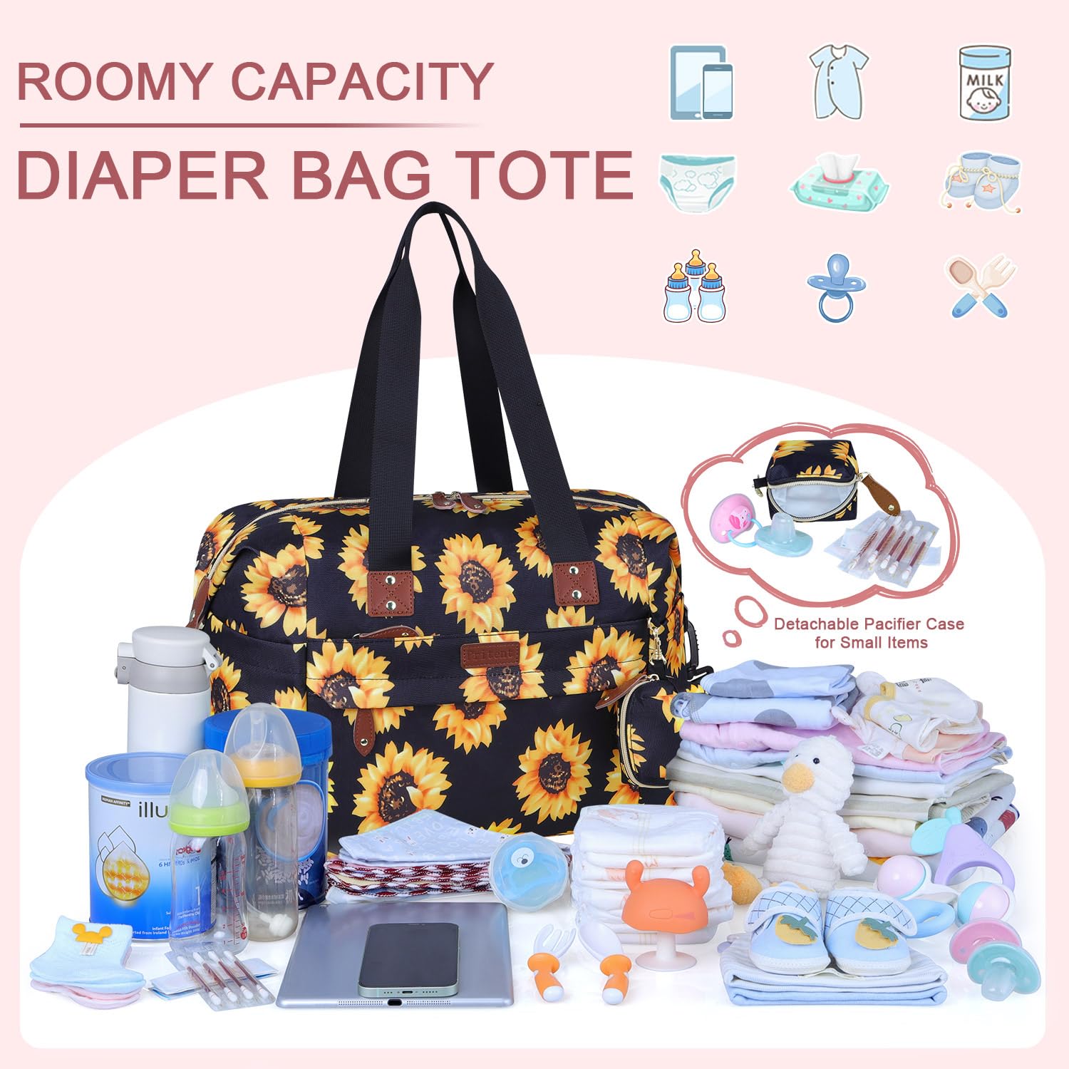 Pritent Diaper Bag Tote interior pockets for bottles and snacks