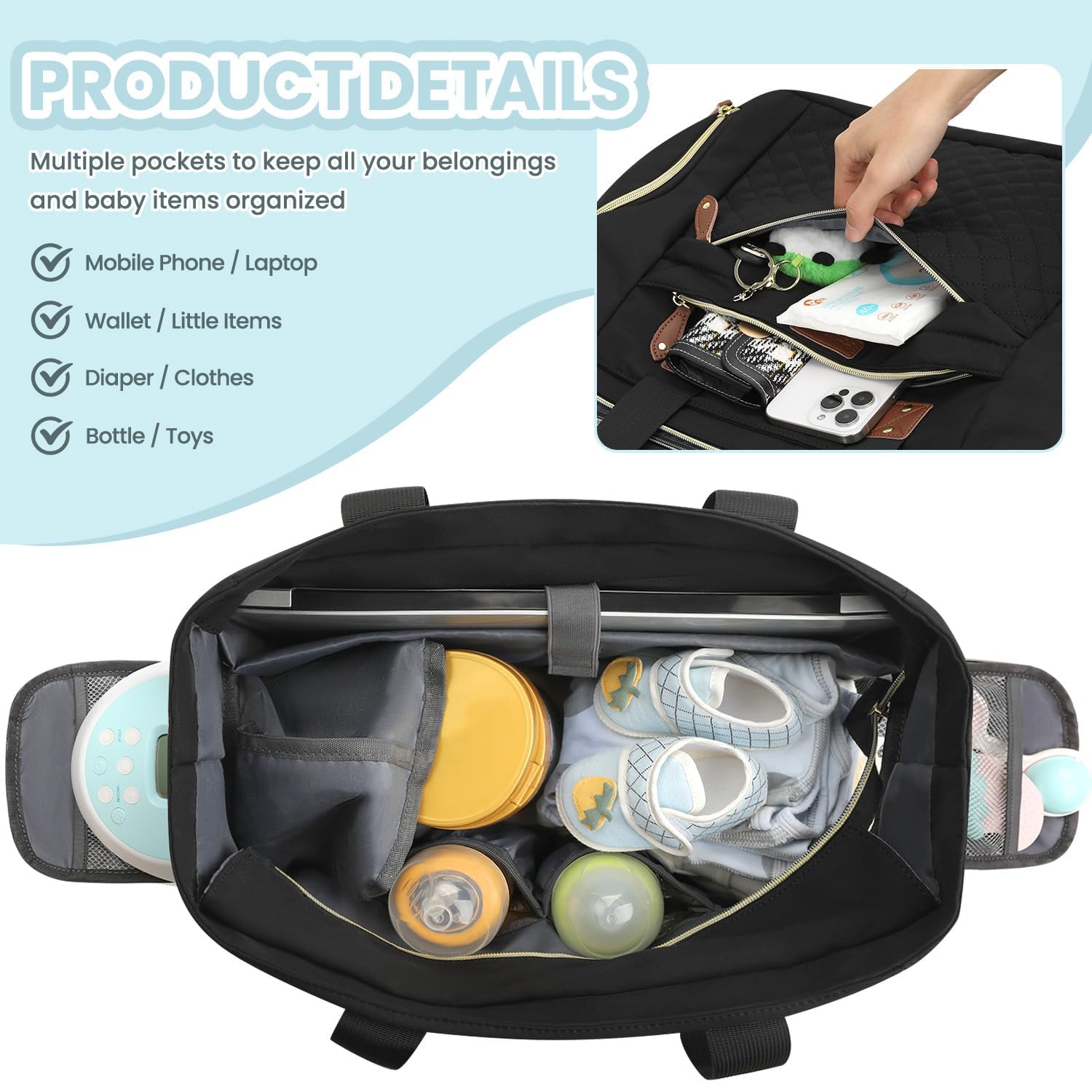 Pritent diaper bag tote with multiple compartments for easy organization.