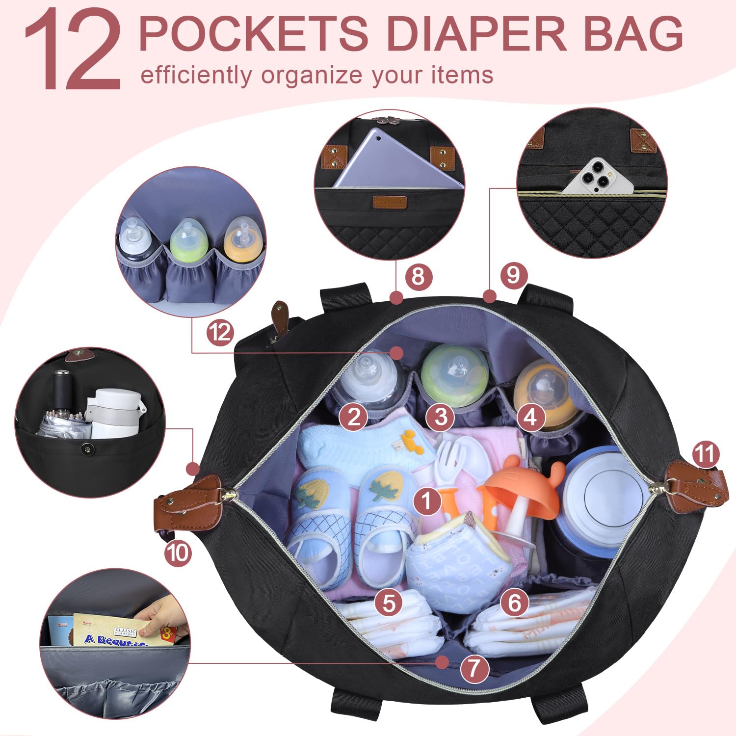 Pritent diaper bag tote multiple pockets keeps bottles, wipes, and toys neatly accessible.