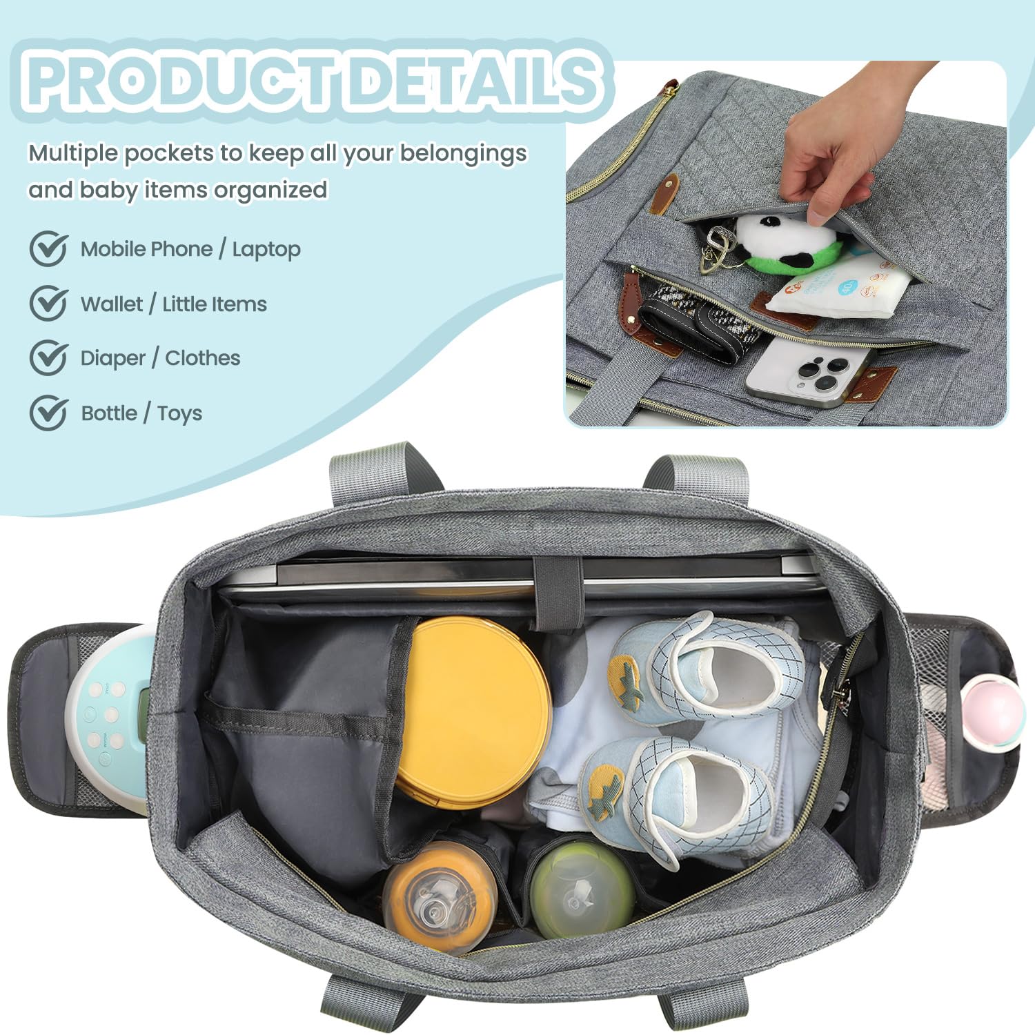 Pritent diaper bag tote features multiple pockets for swift organization.