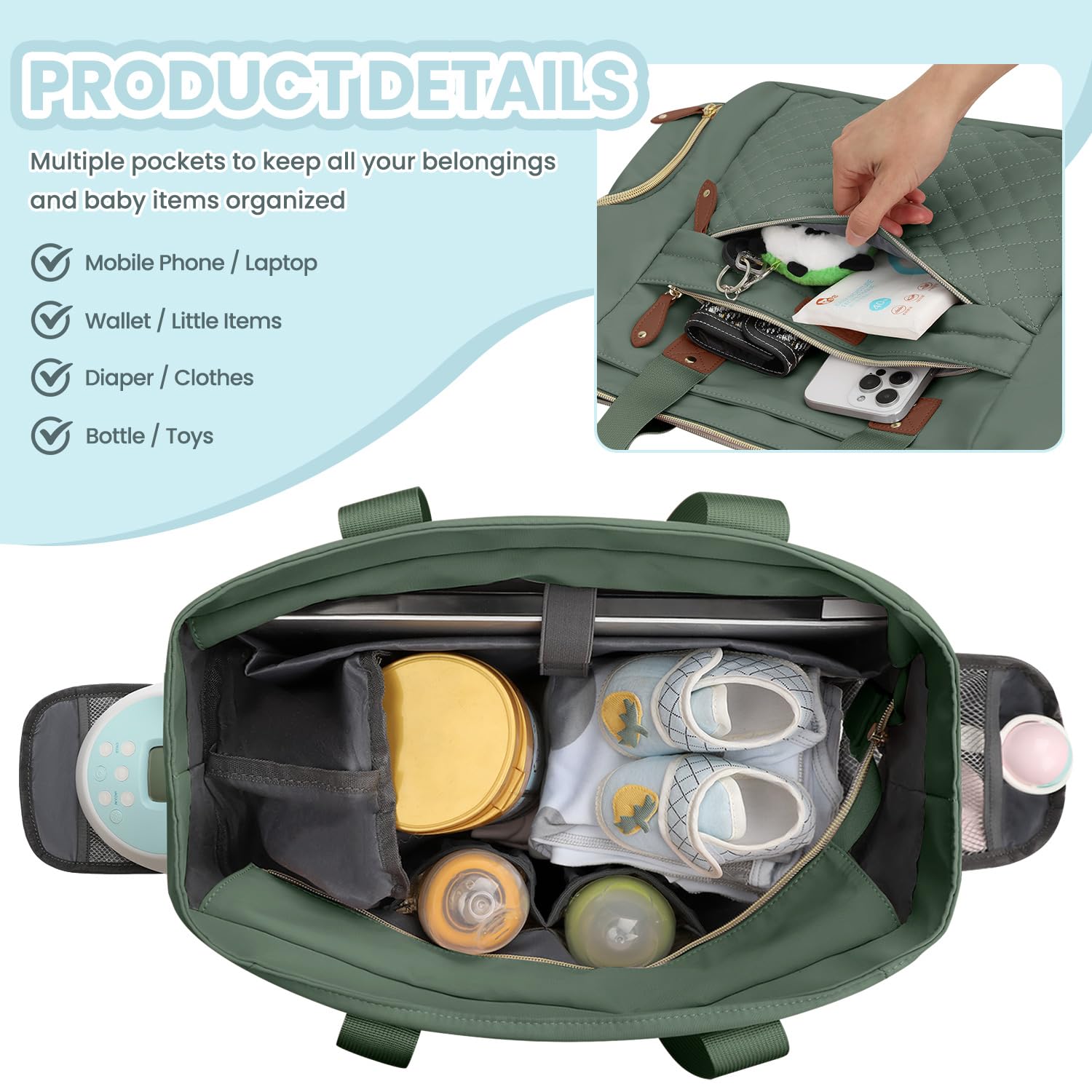 Pritent diaper bag tote includes stroller clip set for easy stow and go