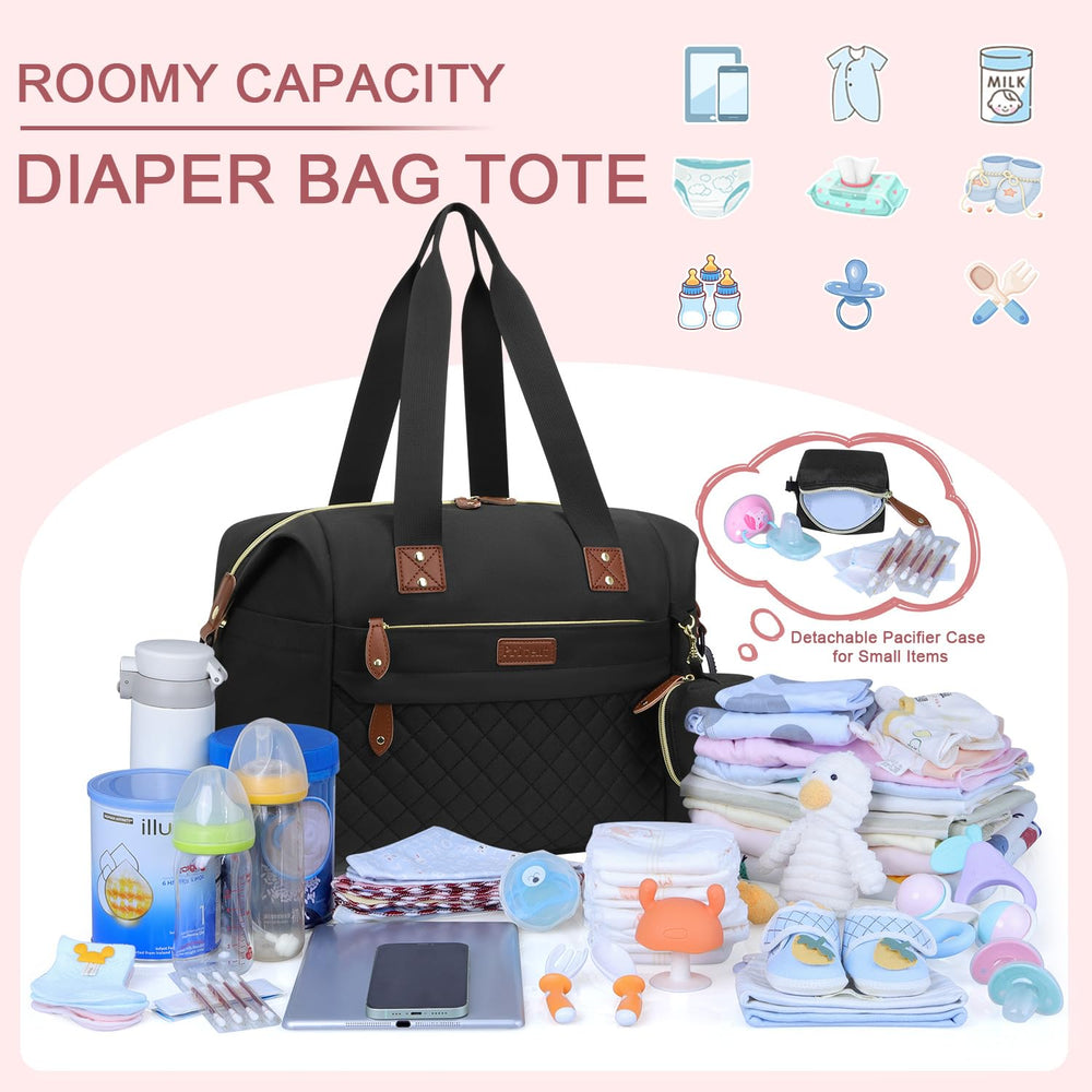 Pritent Diaper Bag Tote shown with stroller clips for on-the-go use