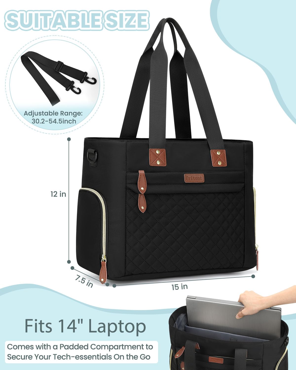 Pritent diaper bag tote shows stroller clips for hands-free trips.