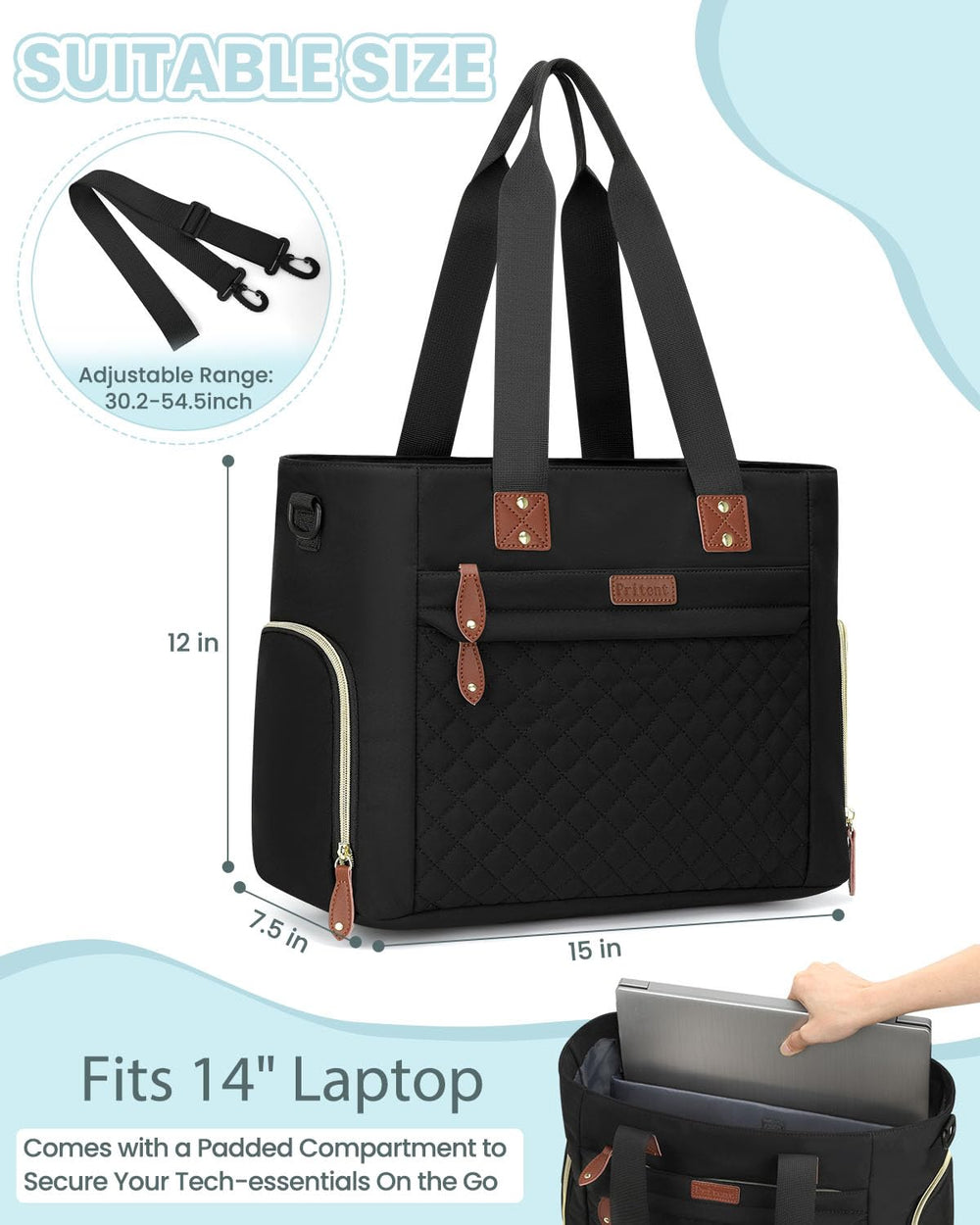 Pritent diaper bag tote shows stroller clips for hands-free trips.