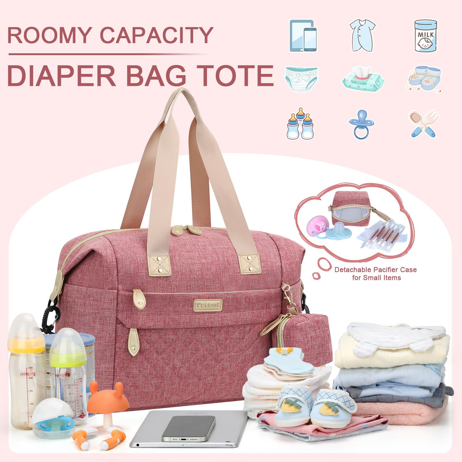 Pritent Pacifier Case attached to tote for quick-access soothing