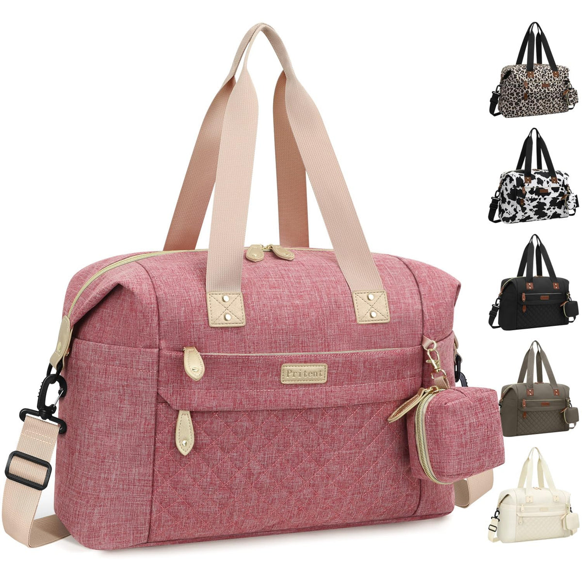 Pritent Diaper Tote pink front view with roomy main compartment for diapers, wipes, and bottles