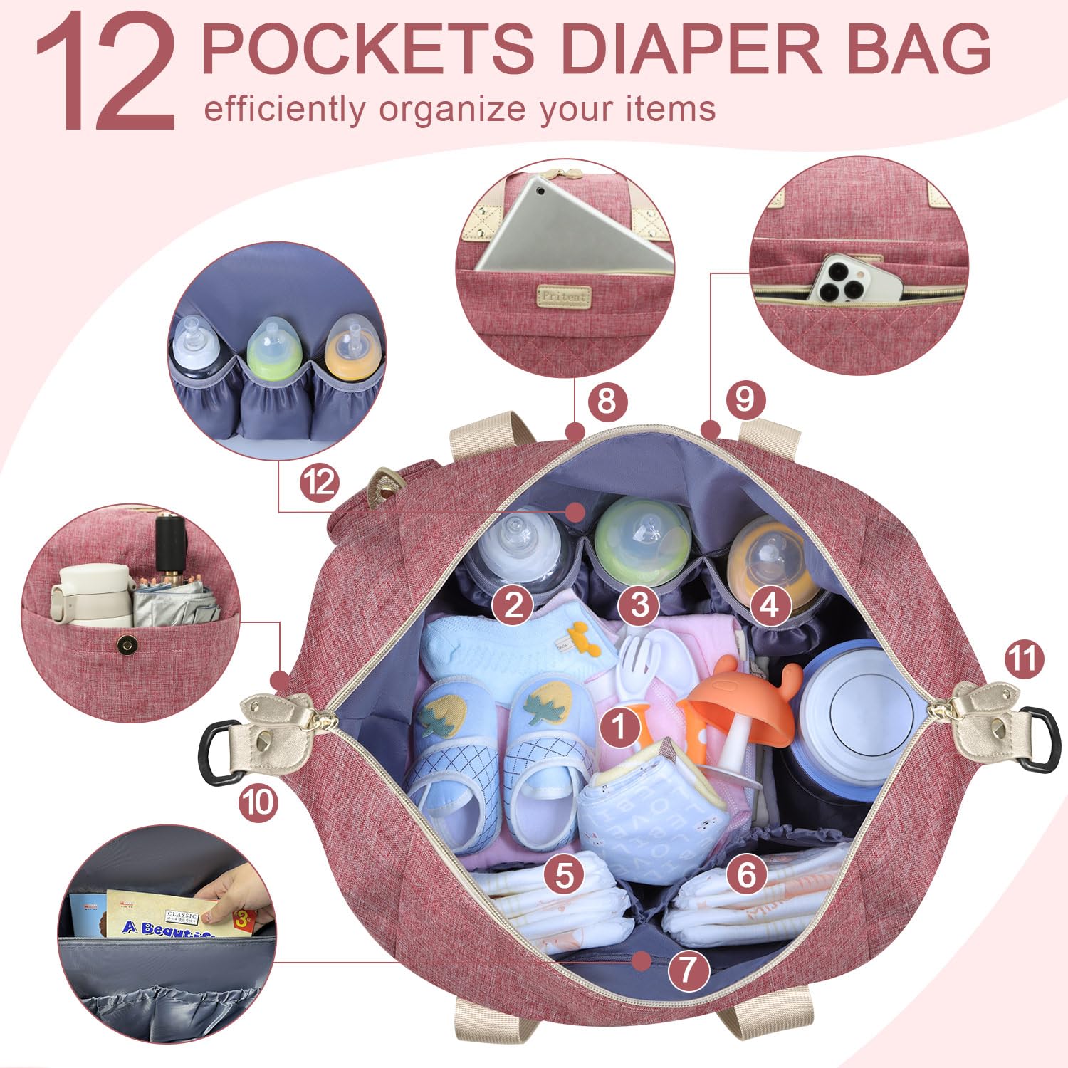 Pritent Diaper Tote clipped to a stroller for hands-free shopping and travel