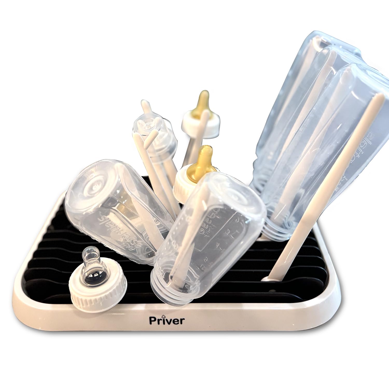Priver baby bottle drying rack with tray in full setup, keeps bottles dry and organized.