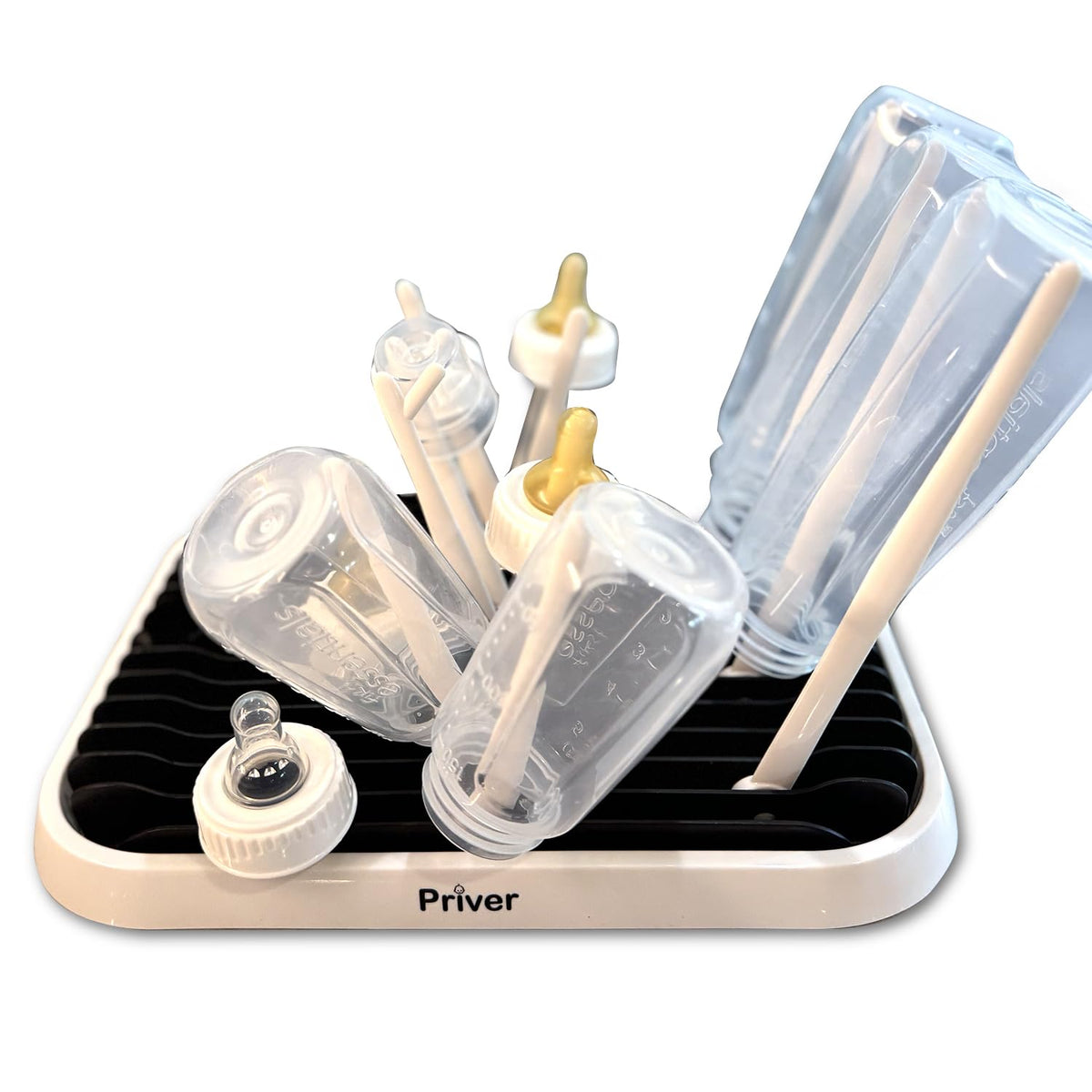Priver baby bottle drying rack with tray in full setup, keeps bottles dry and organized.