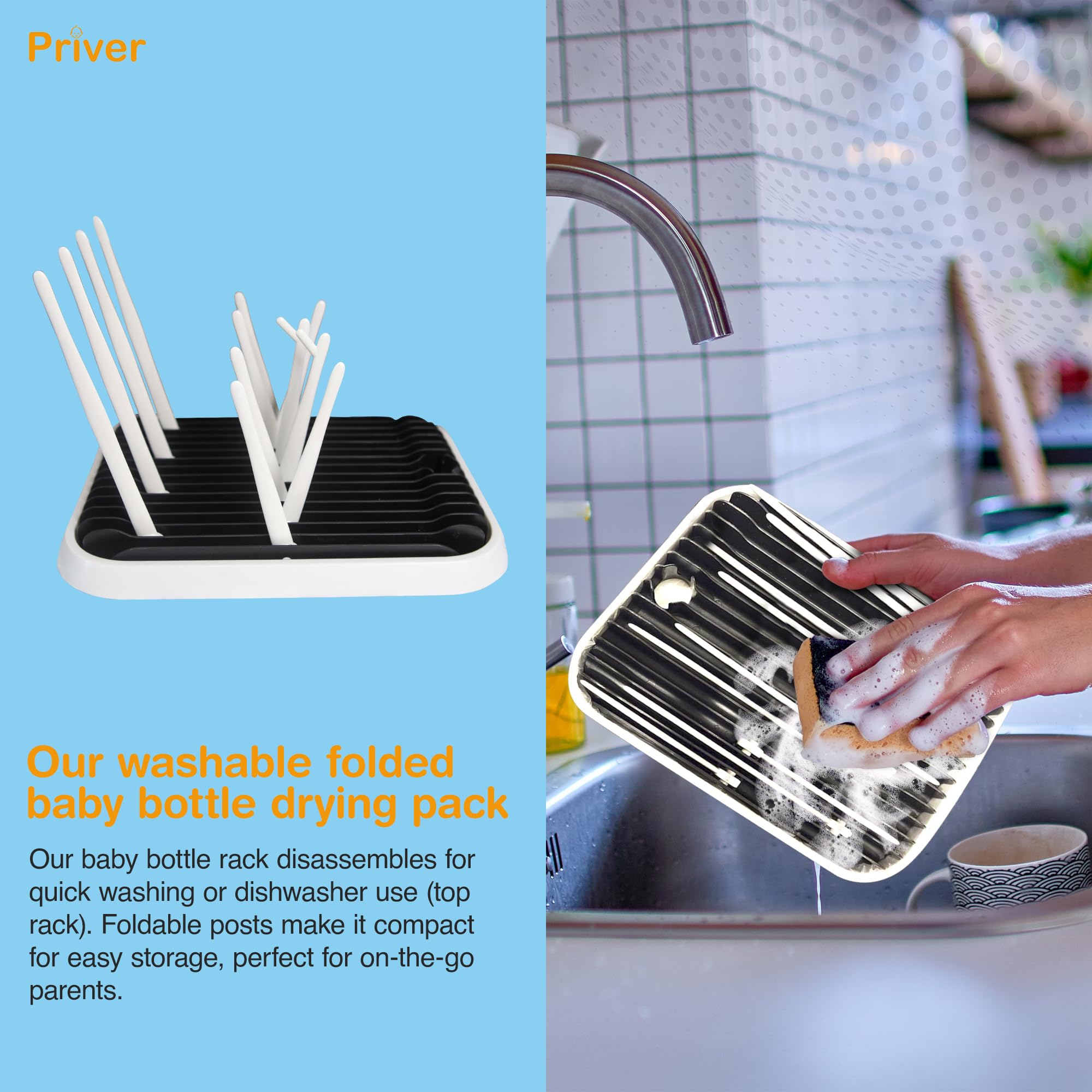 Priver bottle drying rack showing reversible drip tray for draining.