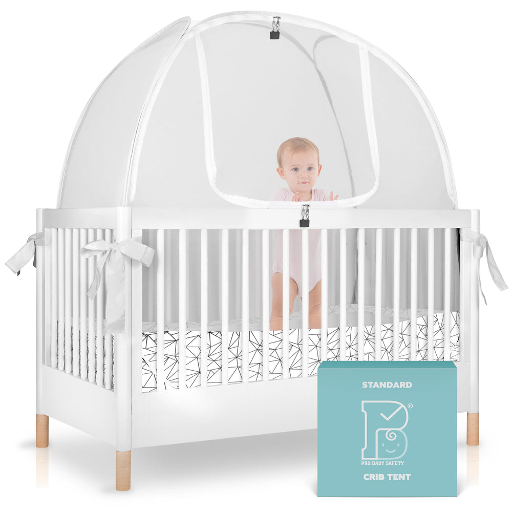 Pro Baby Safety breathable mesh crib tent over a crib keeps baby inside while airflow remains.