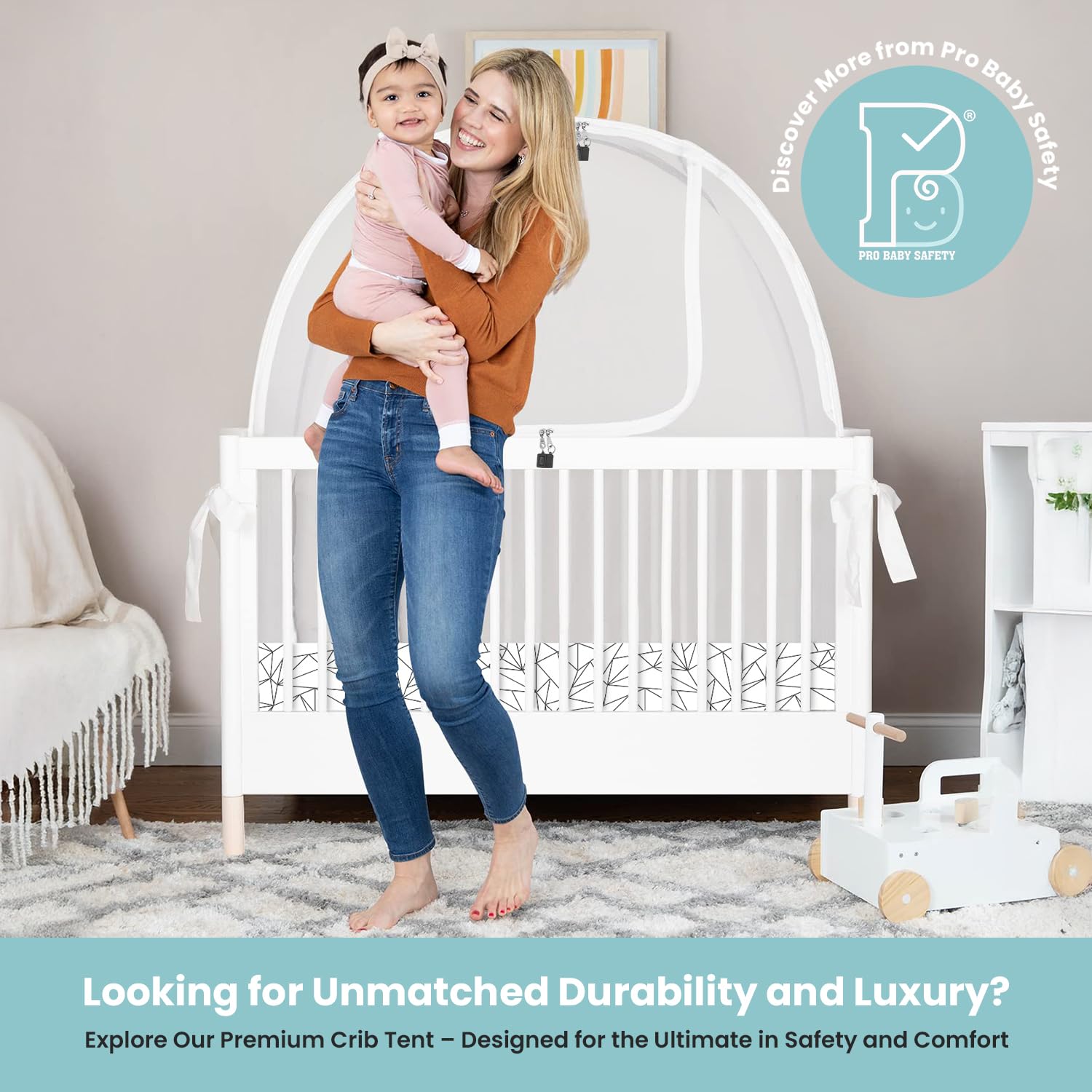 Pro Baby Safety crib tent in use protects against falls.