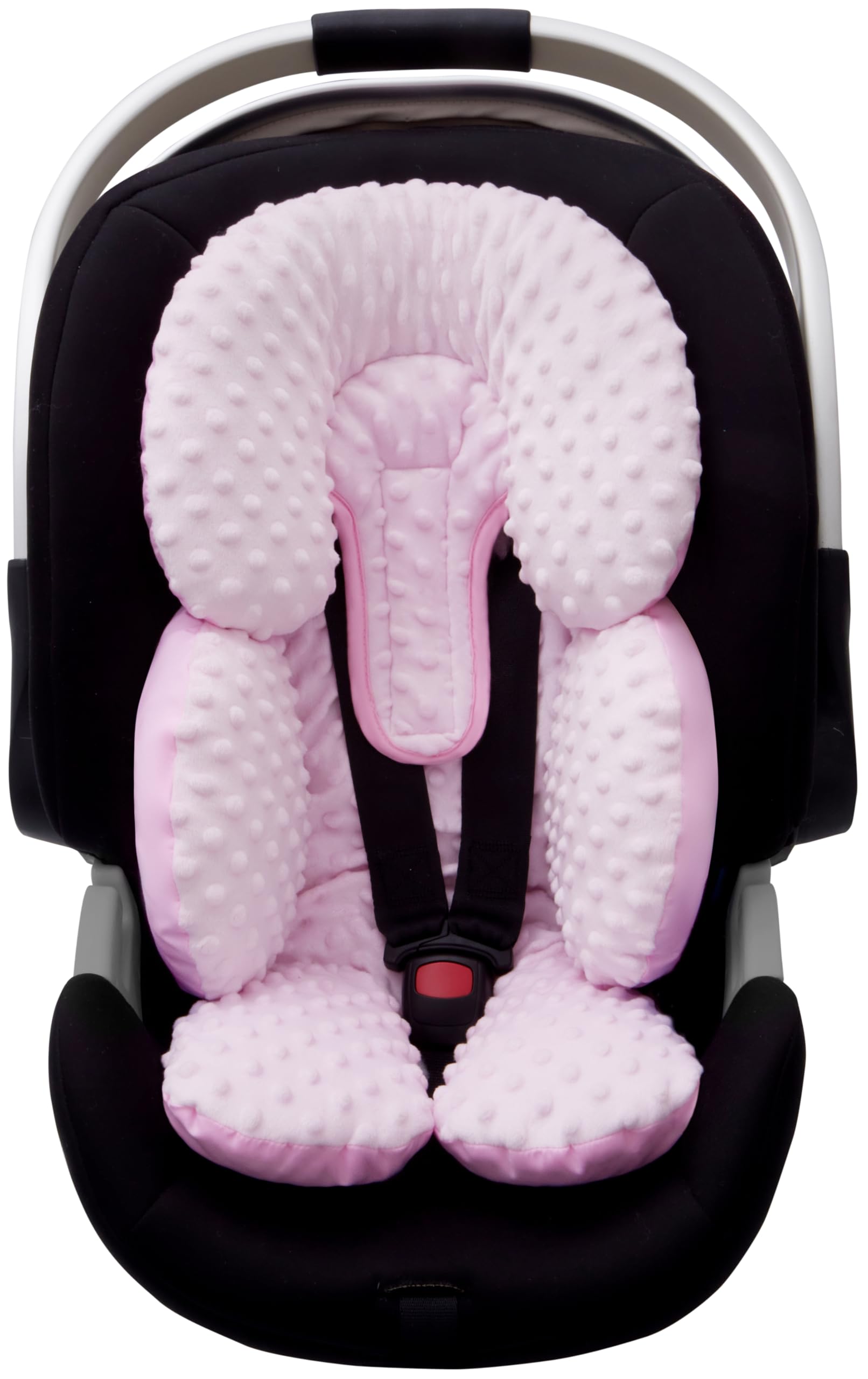 Pro Goleem infant head support close-up showing plush pink minky for cozy rides.