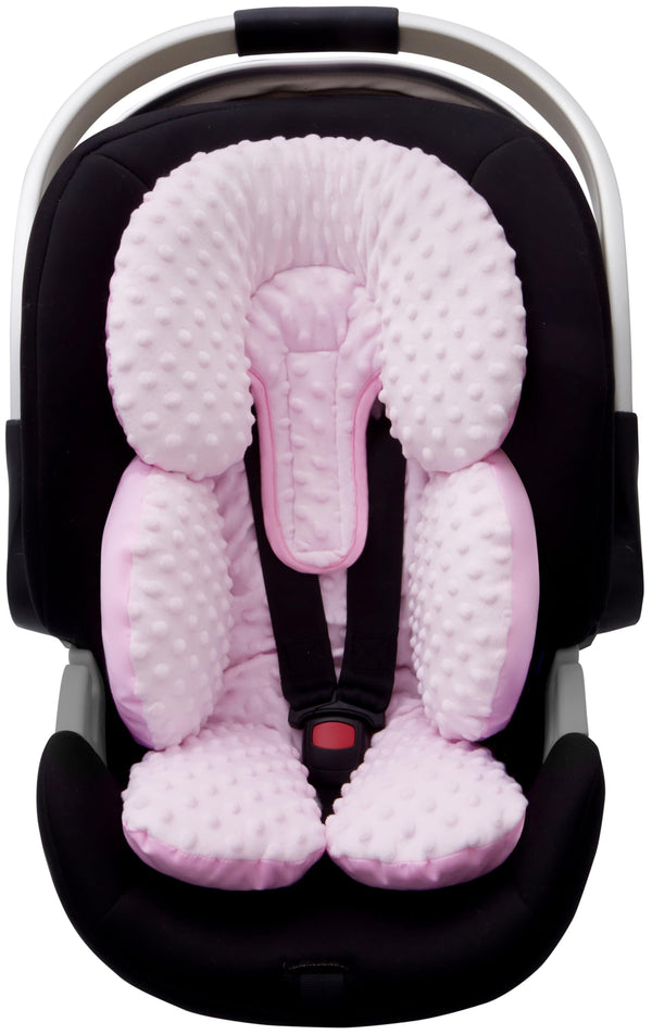 Pro Goleem infant head support close-up showing plush pink minky for cozy rides.