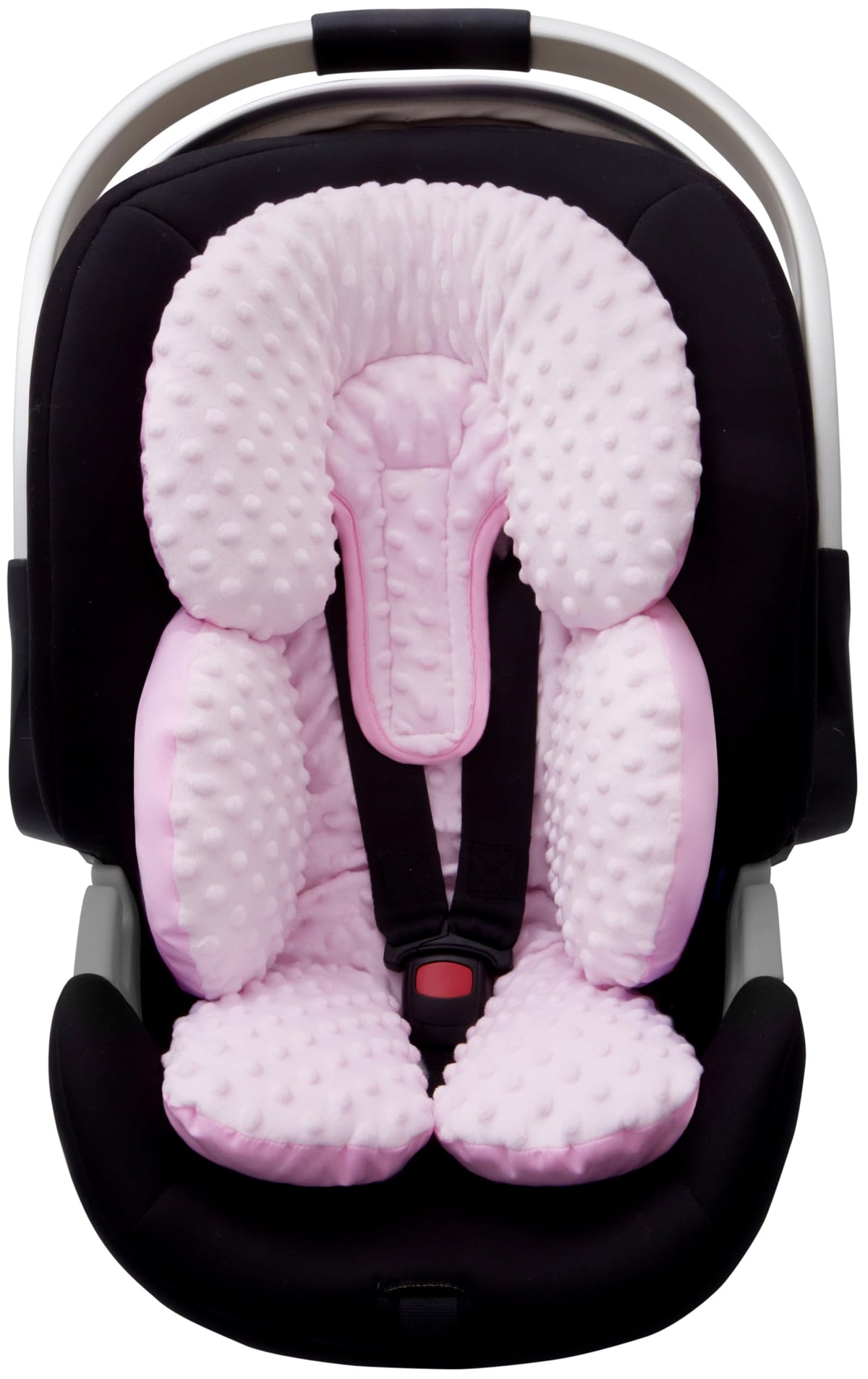Pro Goleem infant head support close-up showing plush pink minky for cozy rides.