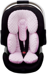 Pro Goleem infant head support close-up showing plush pink minky for cozy rides.
