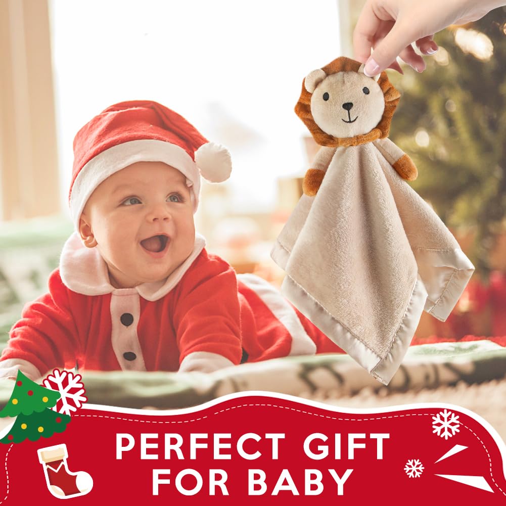 Pro Goleem Lion Security Blanket baby snuggle in crib scene.