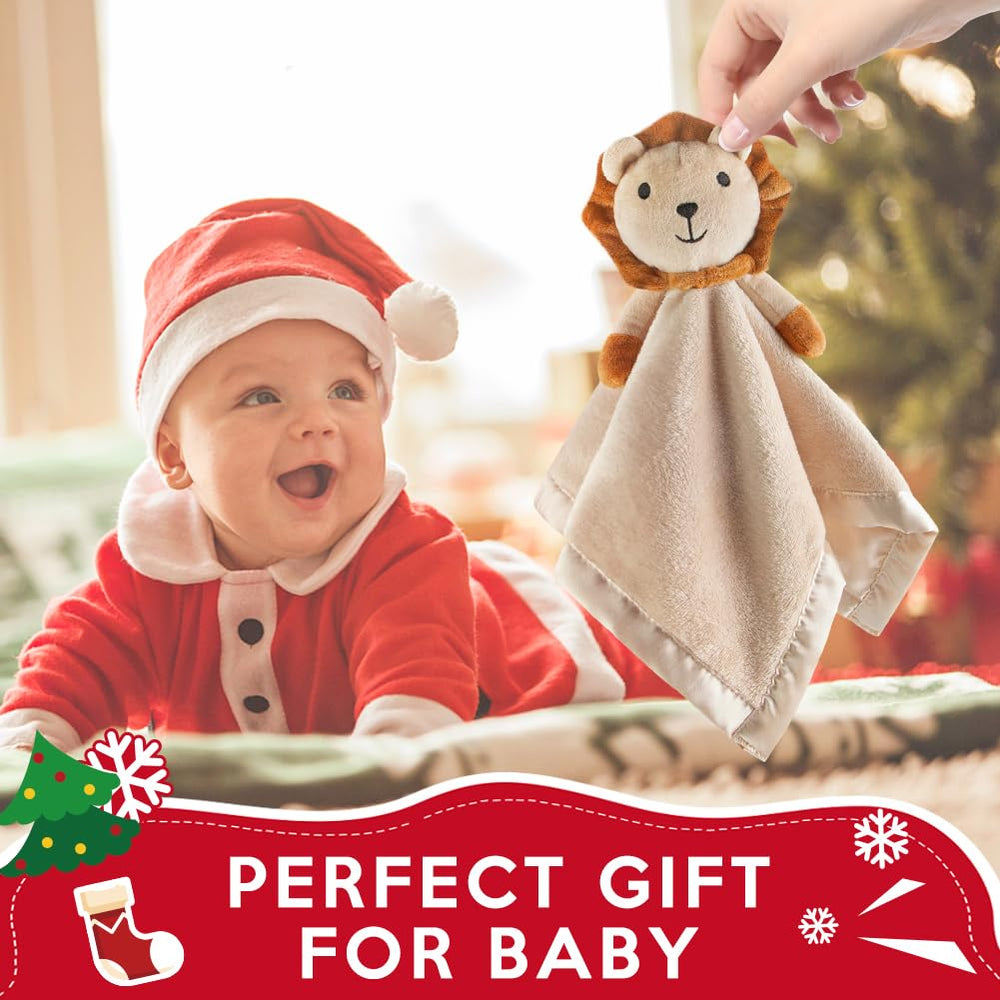 Pro Goleem Lion Security Blanket baby snuggle in crib scene.