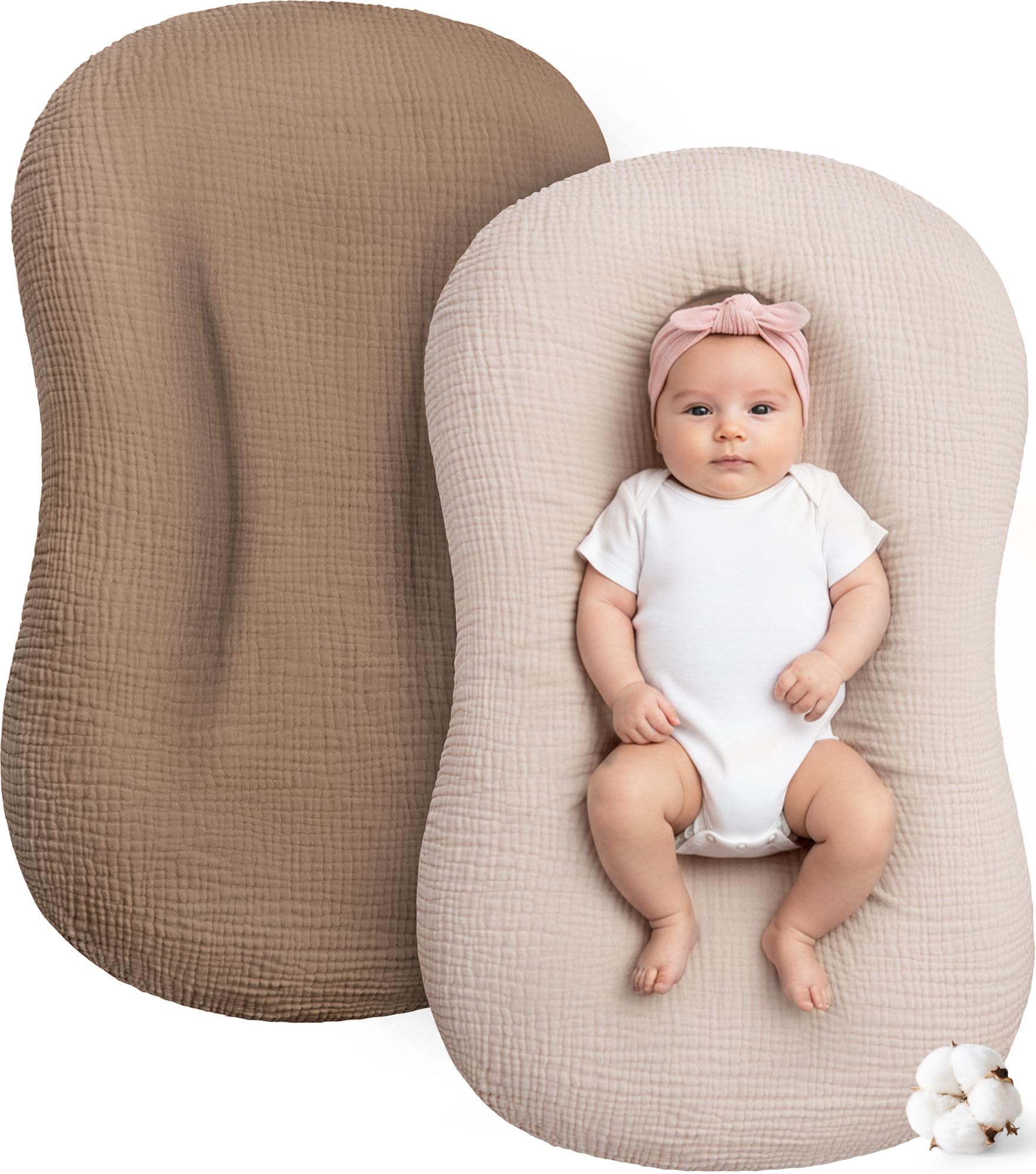 Pro Goleem muslin lounger cover brown in neutral nursery, breathable fabric for infant comfort.